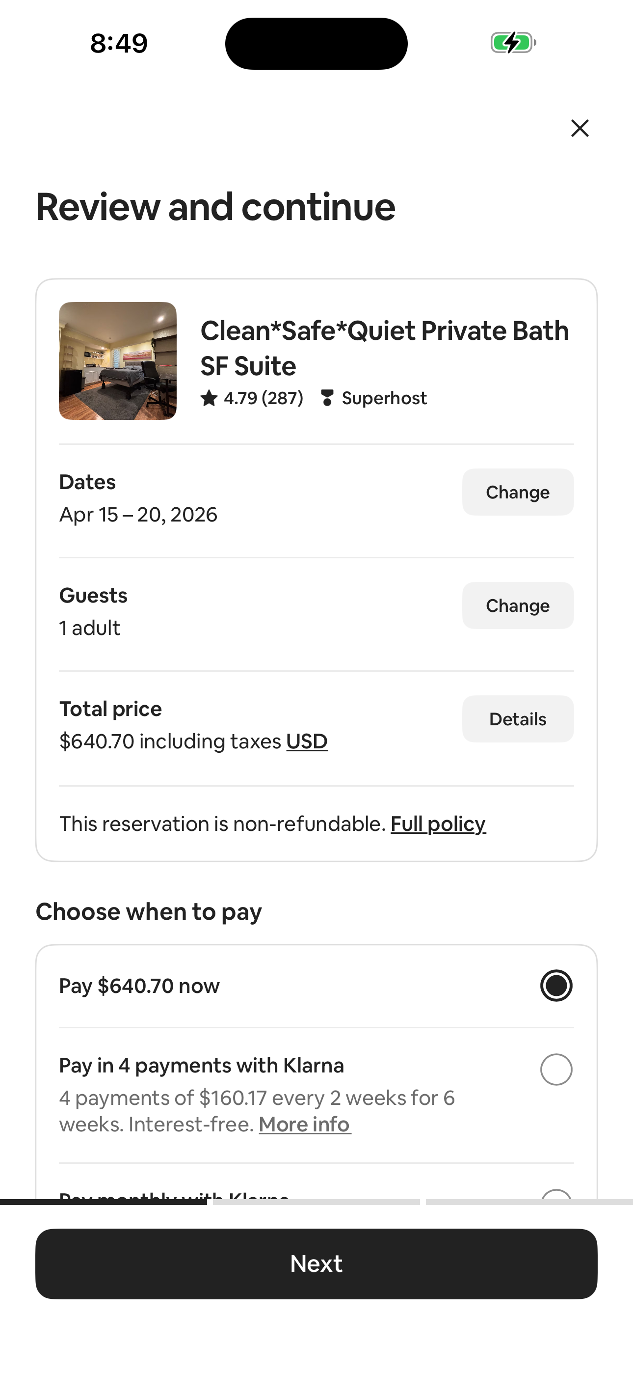 Booking — Review and continue