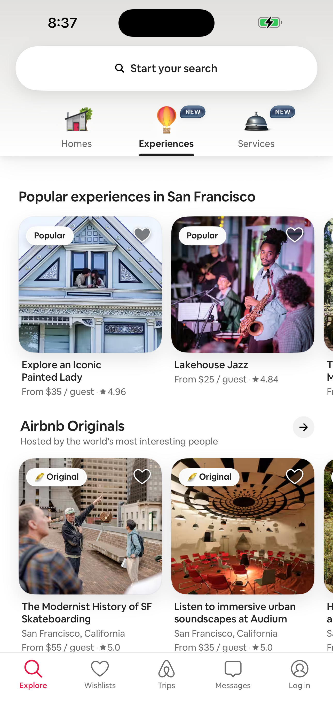 Explore — Experiences tab