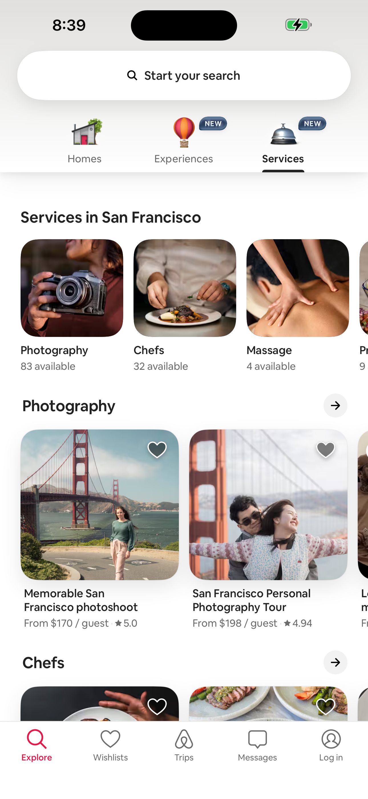 Explore — Services tab