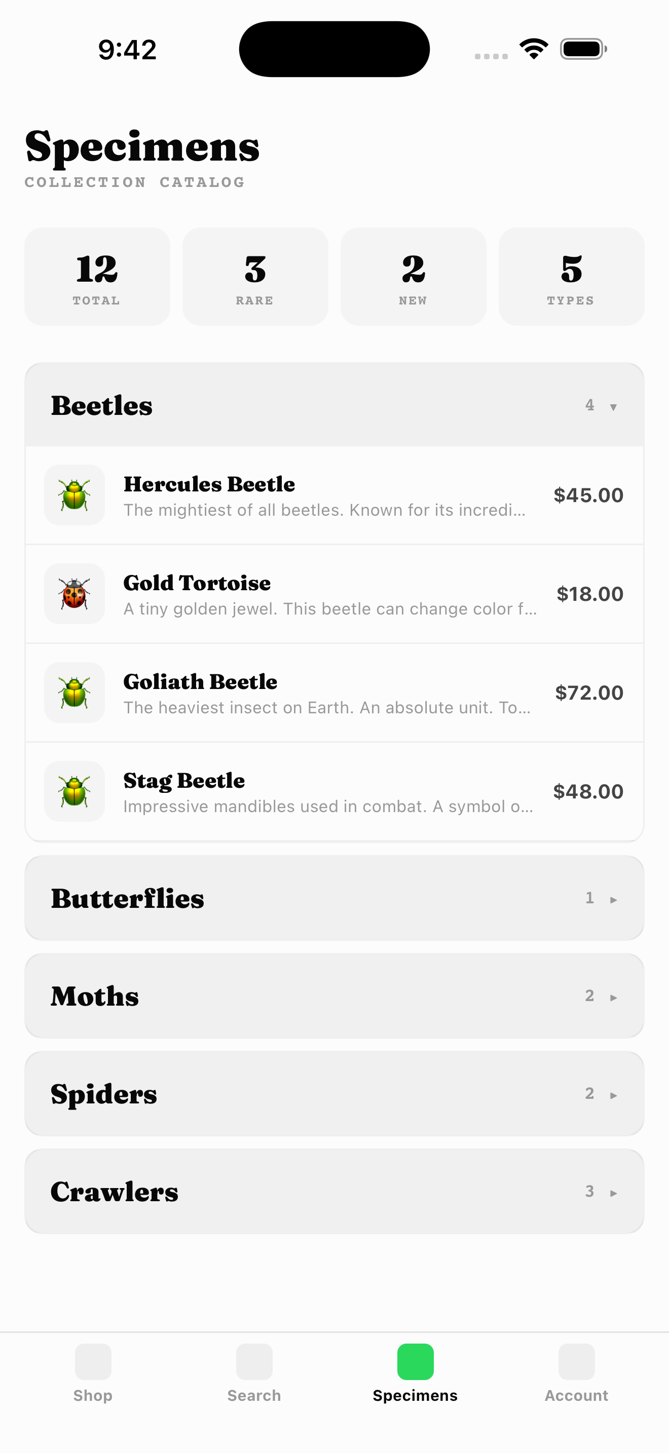 Specimens Collector Catalog