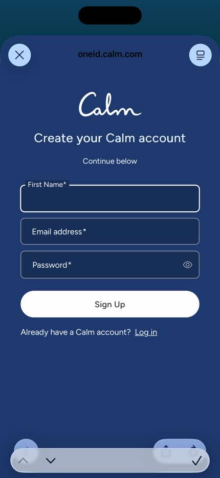 Calm Auth — Create Account (Email) screen in Home to Auth — Create Account (Email) flow