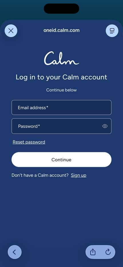 Calm Auth — Log In (Email) screen in Home to Auth — Log In (Email) flow