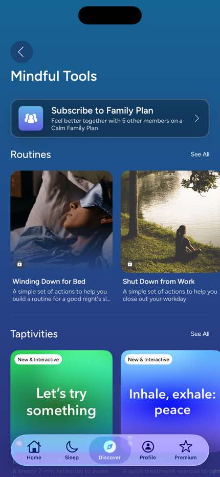 Calm Mindful Tools screen in Home to Auth — Log In (Email) flow