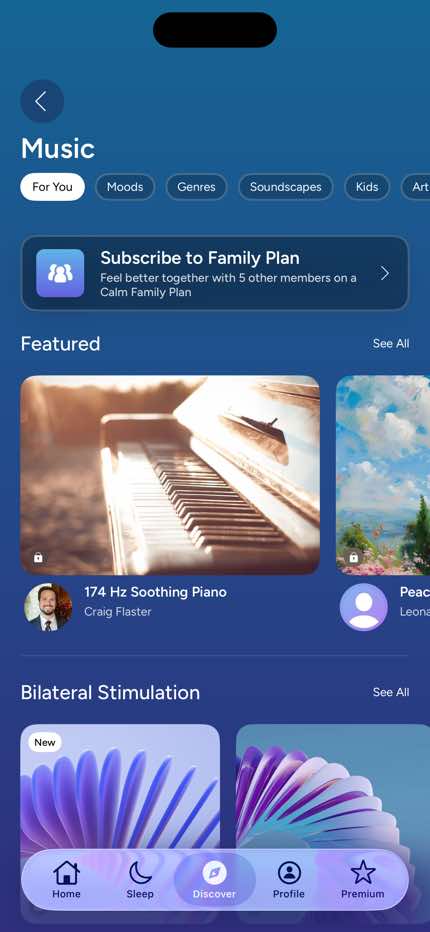 Calm Music screen in Home to Music flow