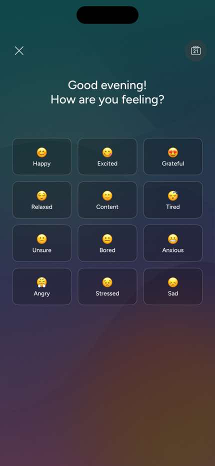 Calm Mood Check-In — Emotion Select screen in Home to Auth — Log In (Email) flow