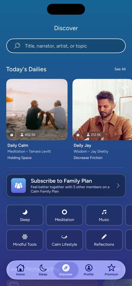 Calm Discover screen in Home to Meditation flow