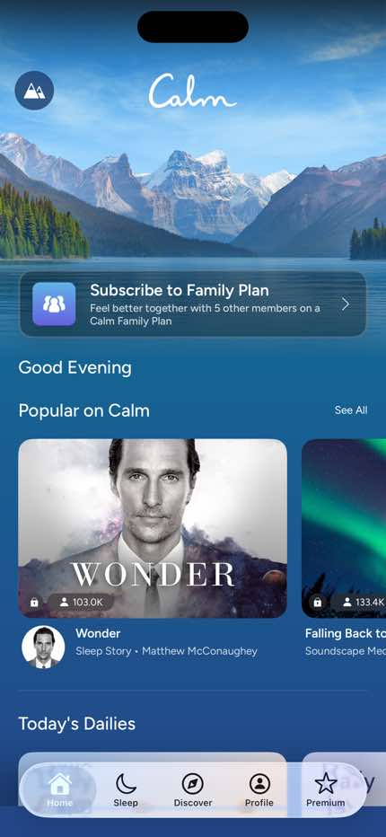 Calm Home screen in Home to Meditation flow