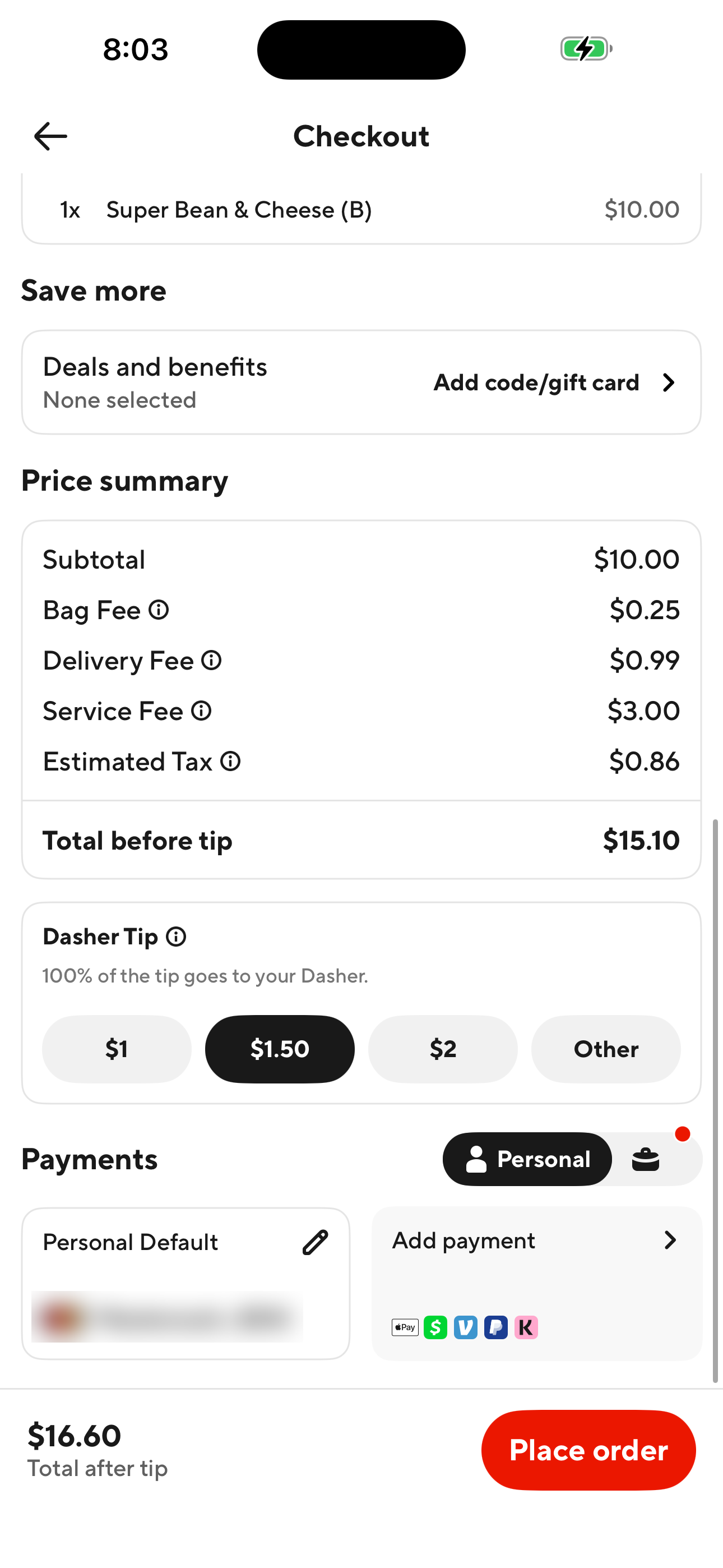 Checkout — payment + tip + Place order