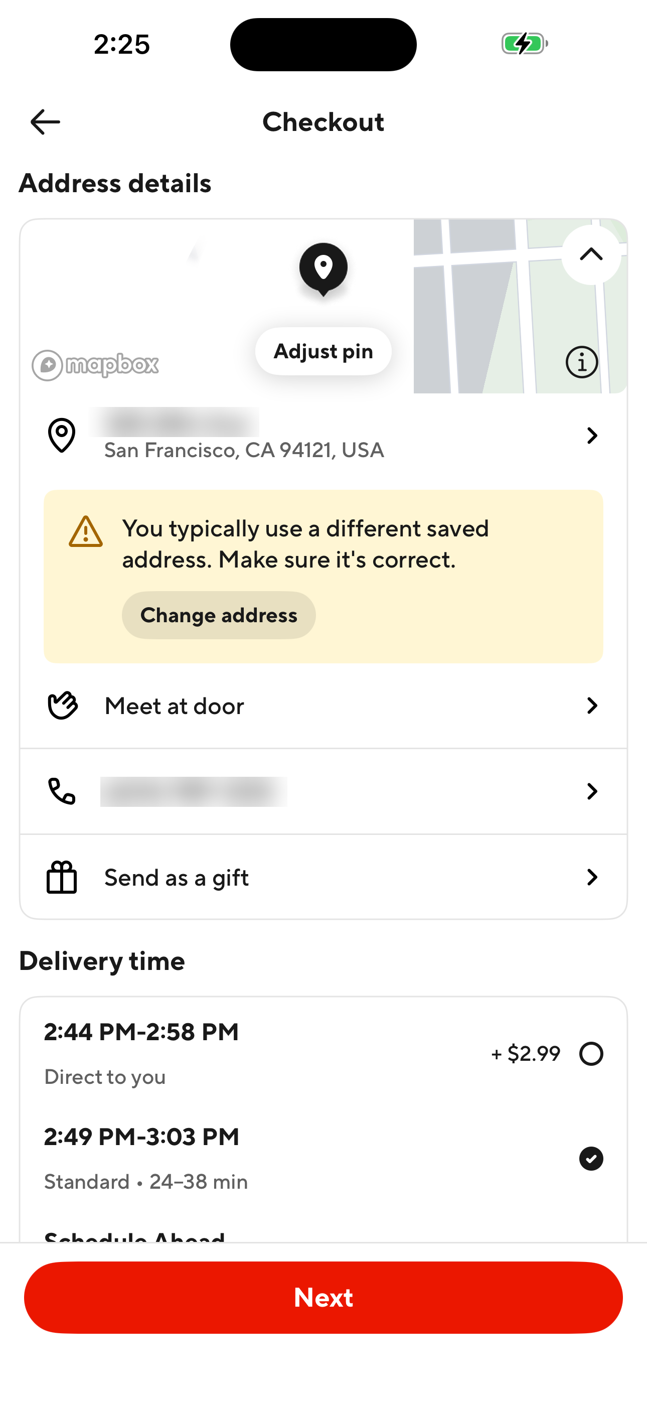 Checkout — Address + Delivery time (retail/alcohol)