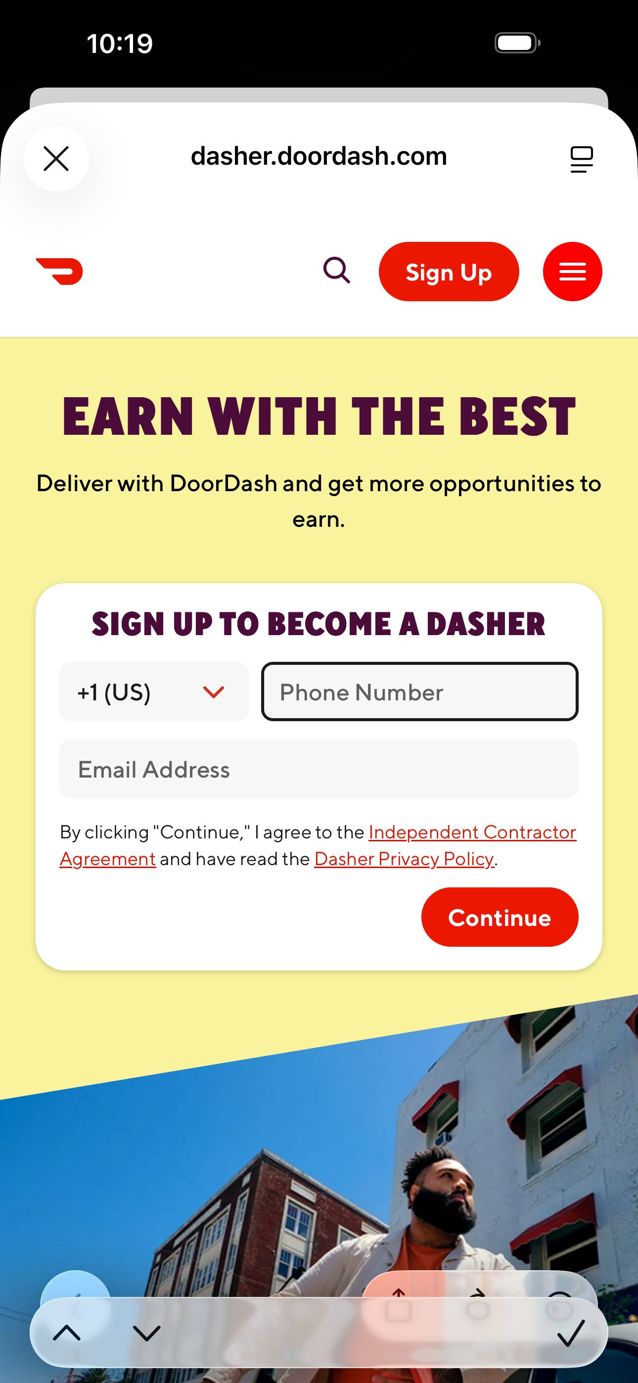 Become a Dasher signup (web view)