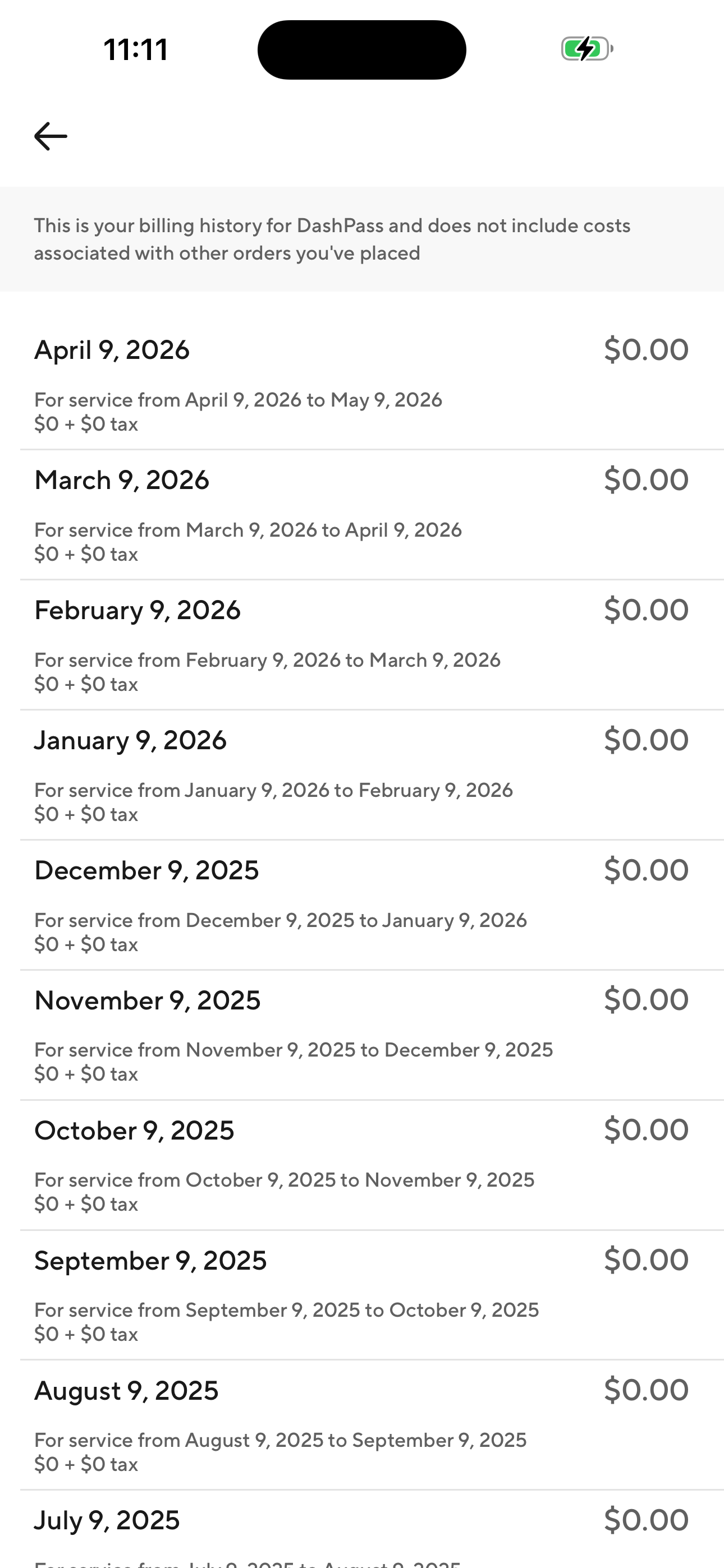 DashPass Billing History