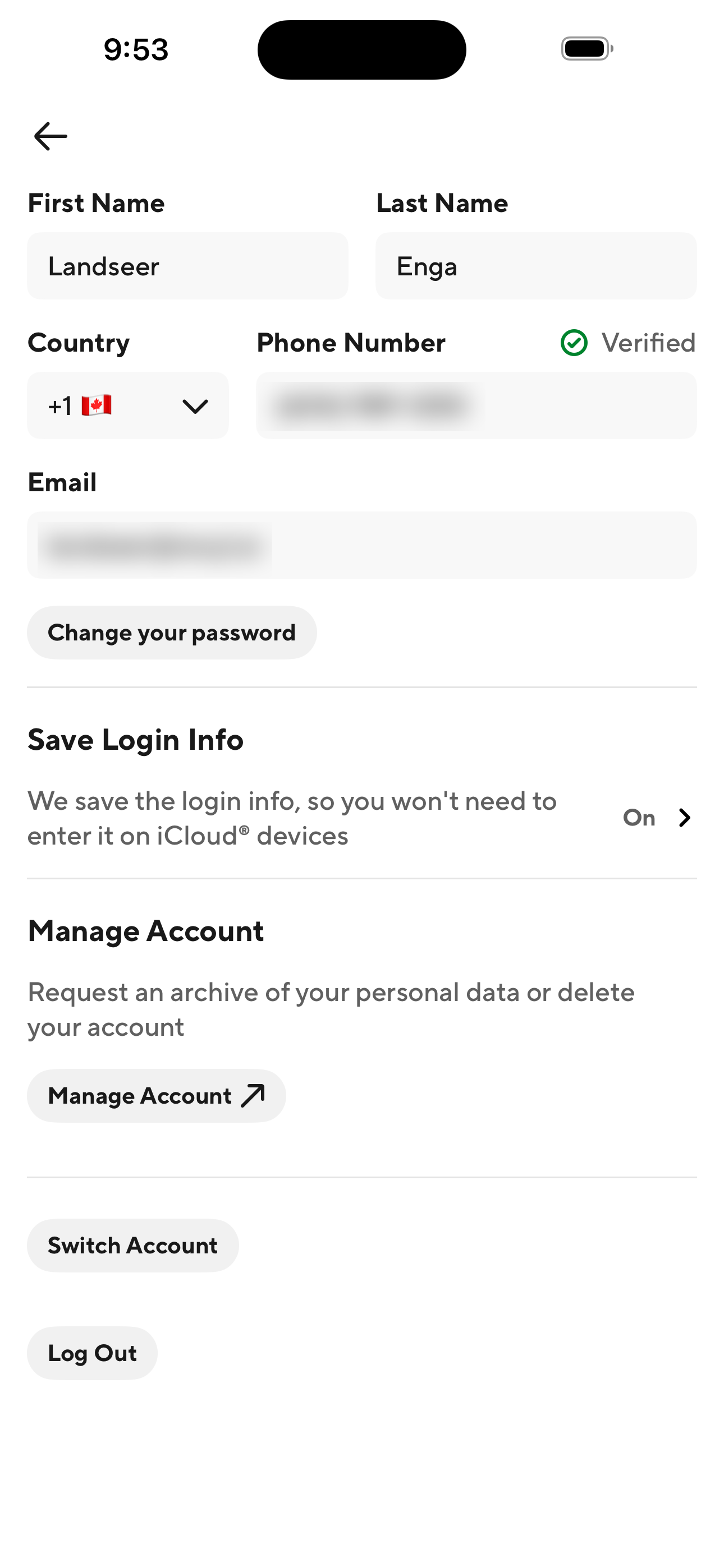 Manage Account (Personal Info)