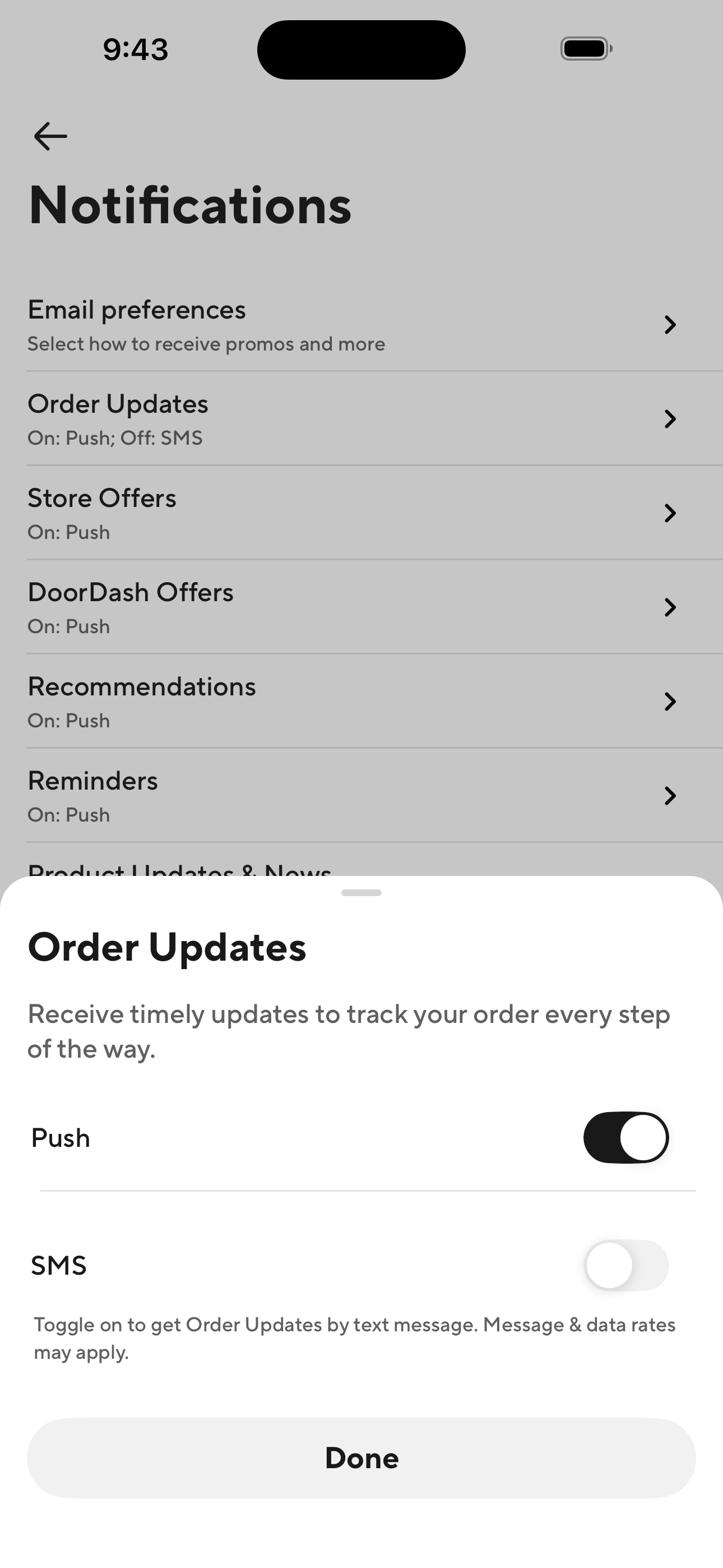 Order Updates notification sheet