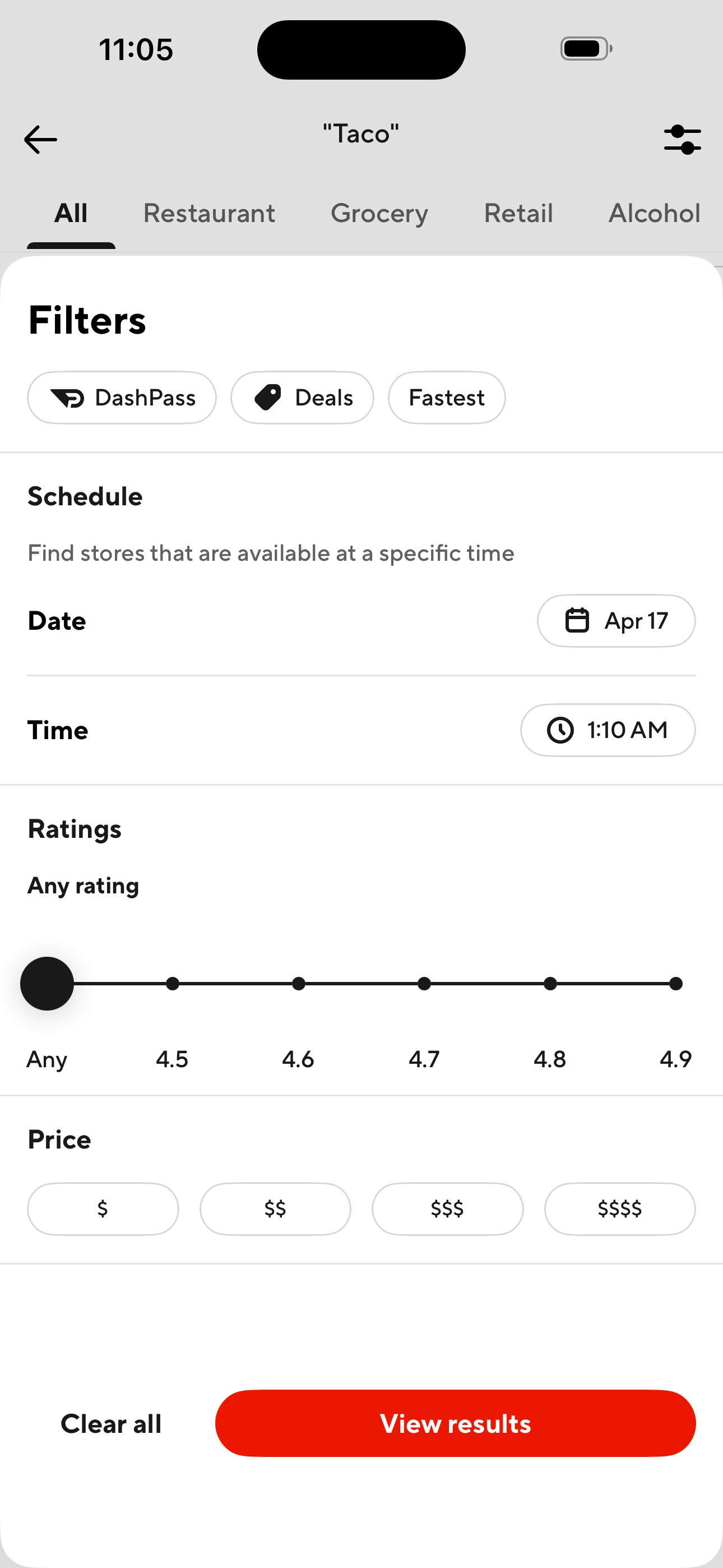 Search filters sheet
