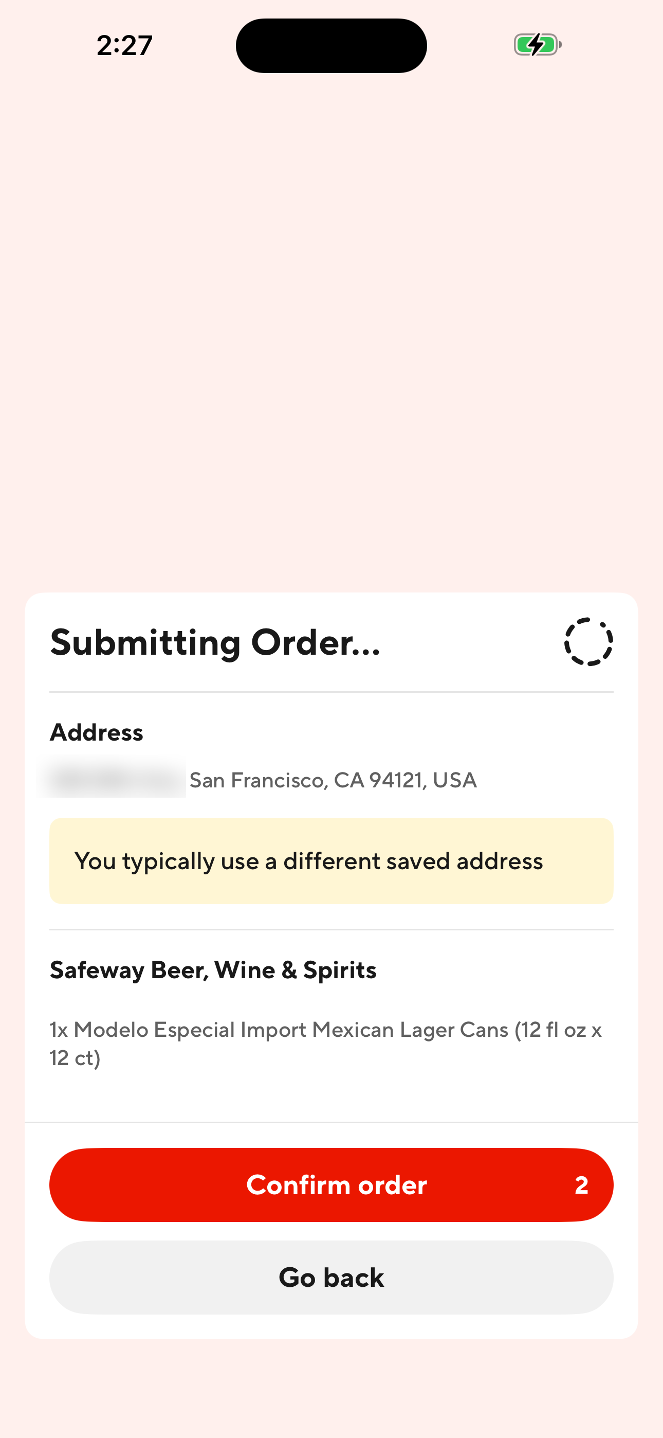 Submit Order confirmation (address-mismatch double-confirm)
