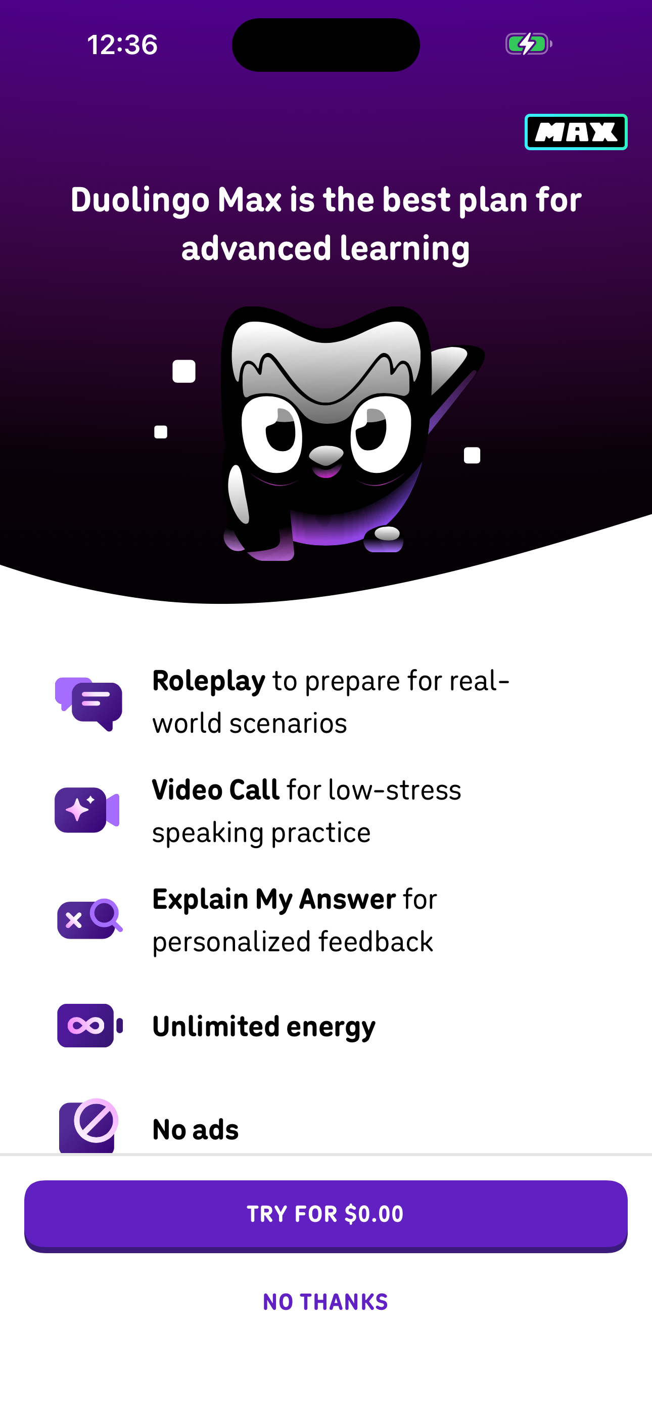 Duolingo Duolingo Max — Best plan for advanced learning screen in Explore Roleplay scenarios (Max gate) flow