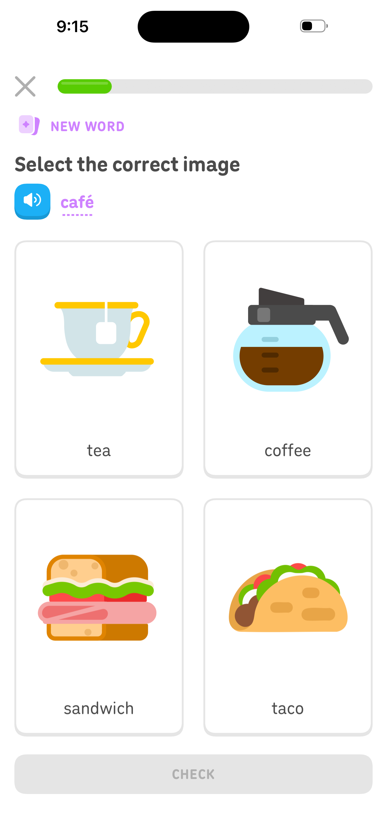 Duolingo Lesson — Select the correct image screen in the Start a lesson from the path map flow