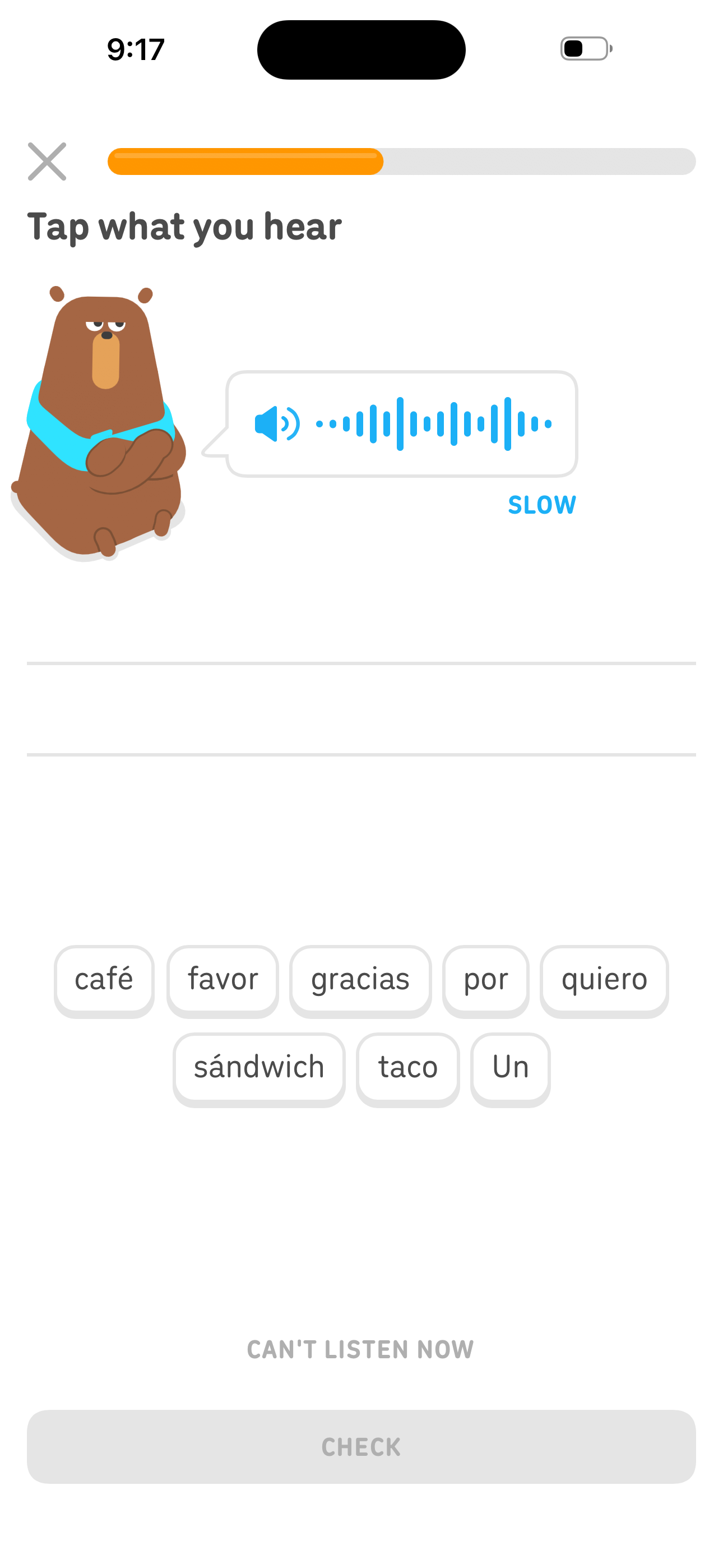 Duolingo Lesson — Tap what you hear (listening) screen in Do a listening practice session flow