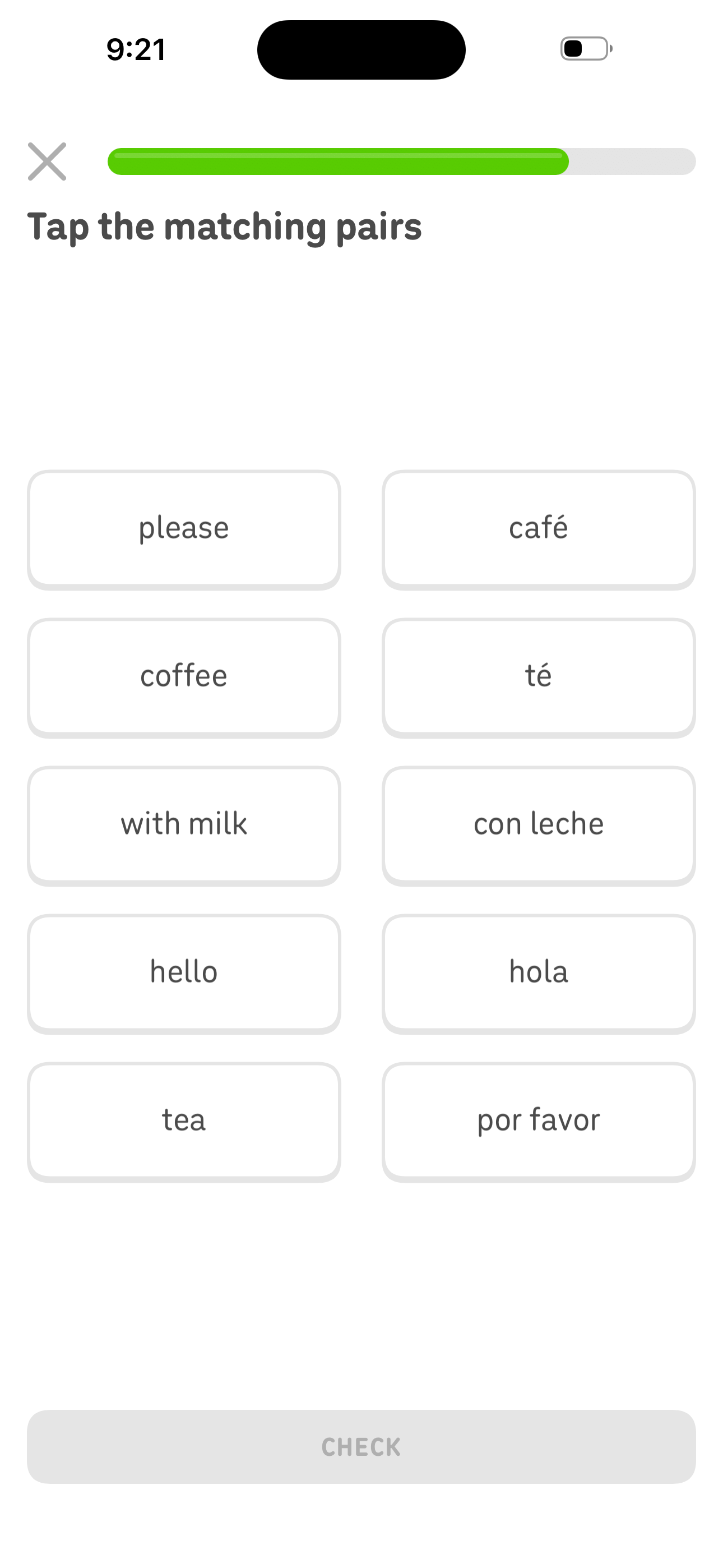 Duolingo Lesson — Tap the matching pairs screen in the Start a lesson from the path map flow