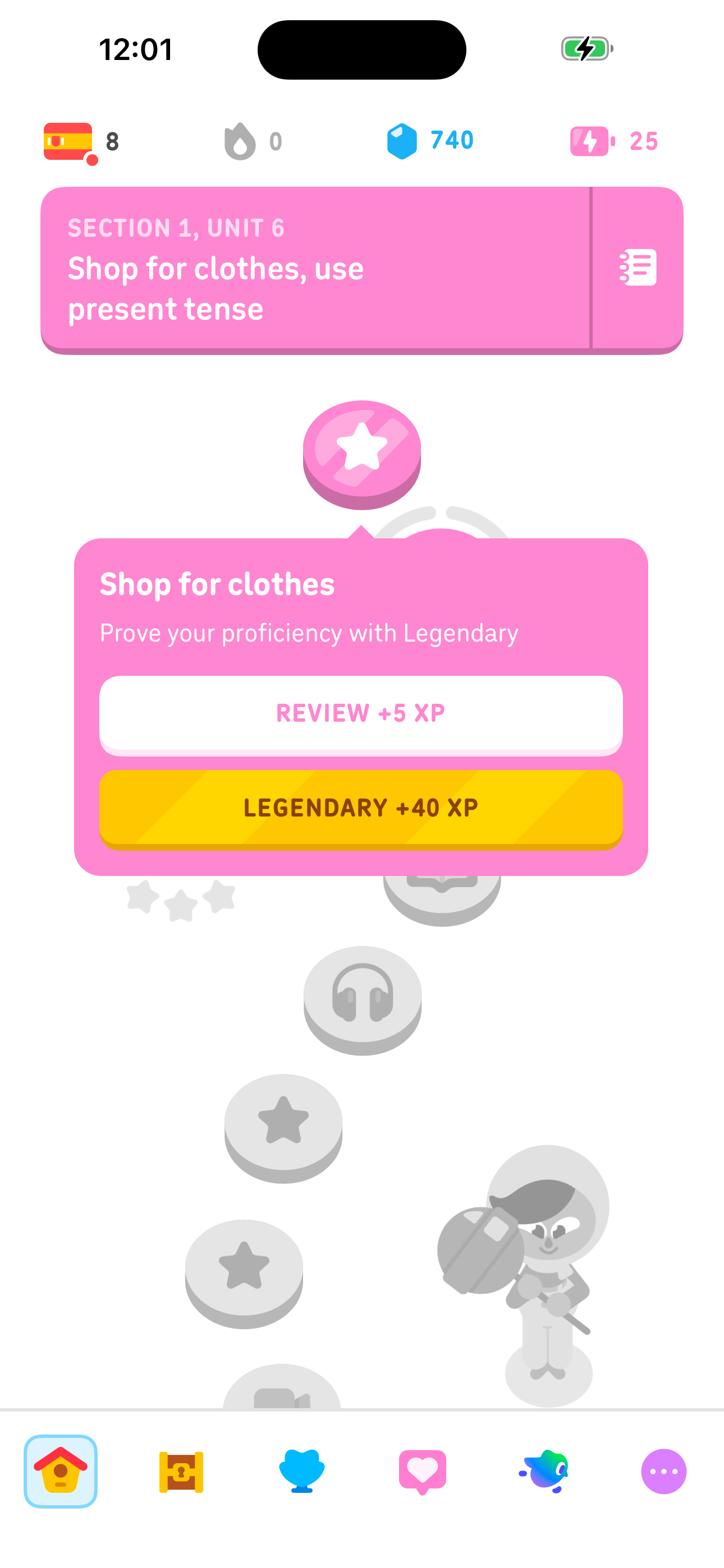 Duolingo Lesson Node Popup — Review or Legendary screen in the Start a lesson from the path map flow
