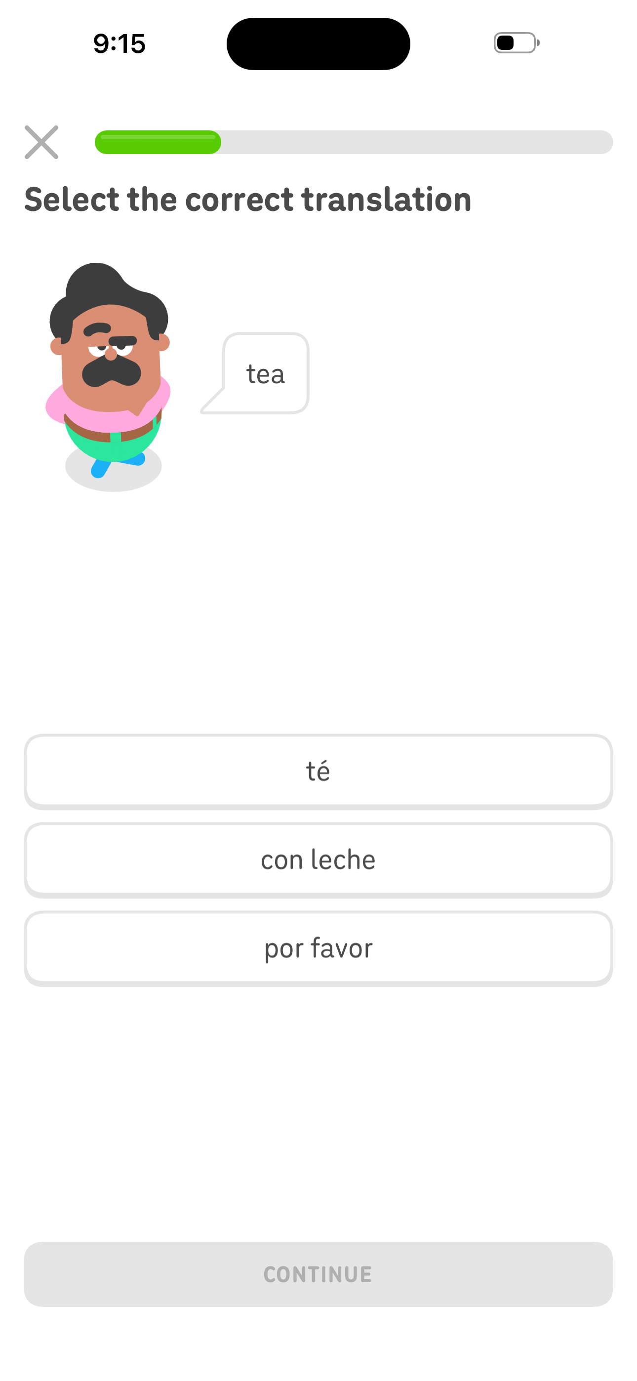 Duolingo Lesson — Select the correct translation screen in the Start a lesson from the path map flow