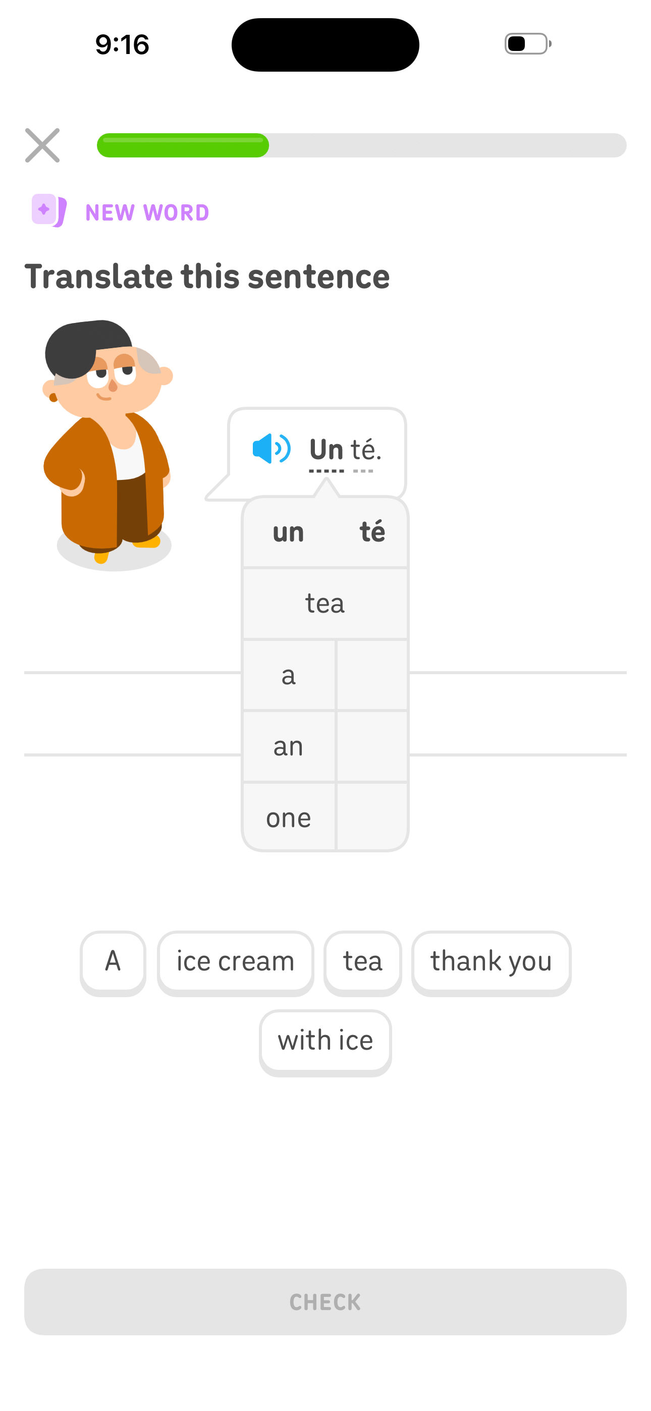 Duolingo Lesson — Translate this sentence (word bank) screen in Start a lesson from the path map flow