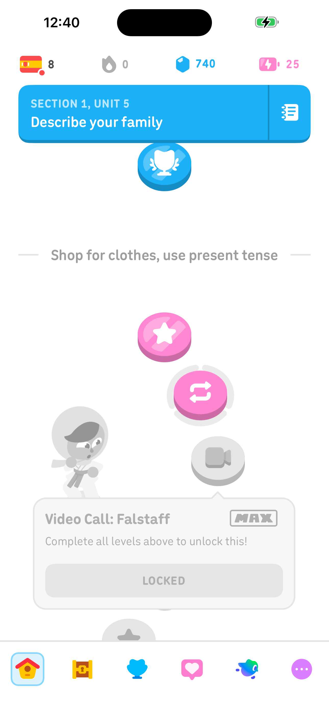 Duolingo Locked Node Popup — Complete levels to unlock (MAX) screen in Tap a locked node to see what it requires flow
