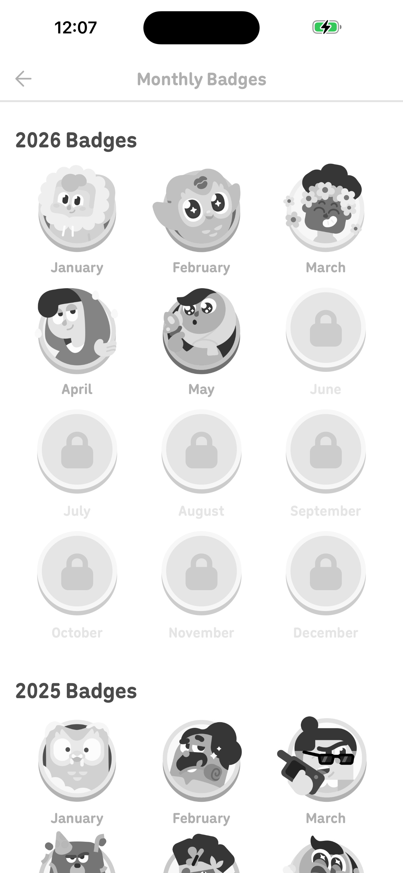 Monthly Badges — 2026 and 2025 grids