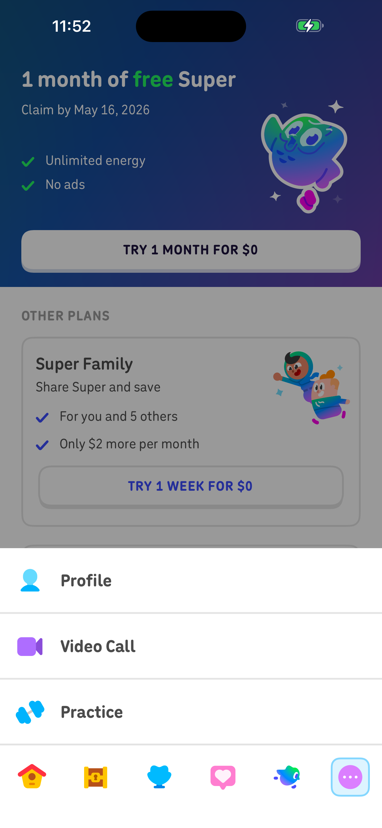 Duolingo More sheet — Profile, Video Call, Practice screen in the Do a listening practice session flow