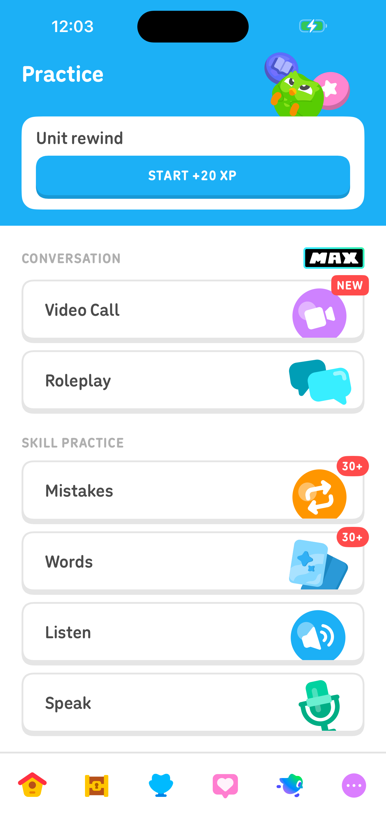 Duolingo Practice Hub — Conversation and Skill Practice screen in Review vocabulary word list flow
