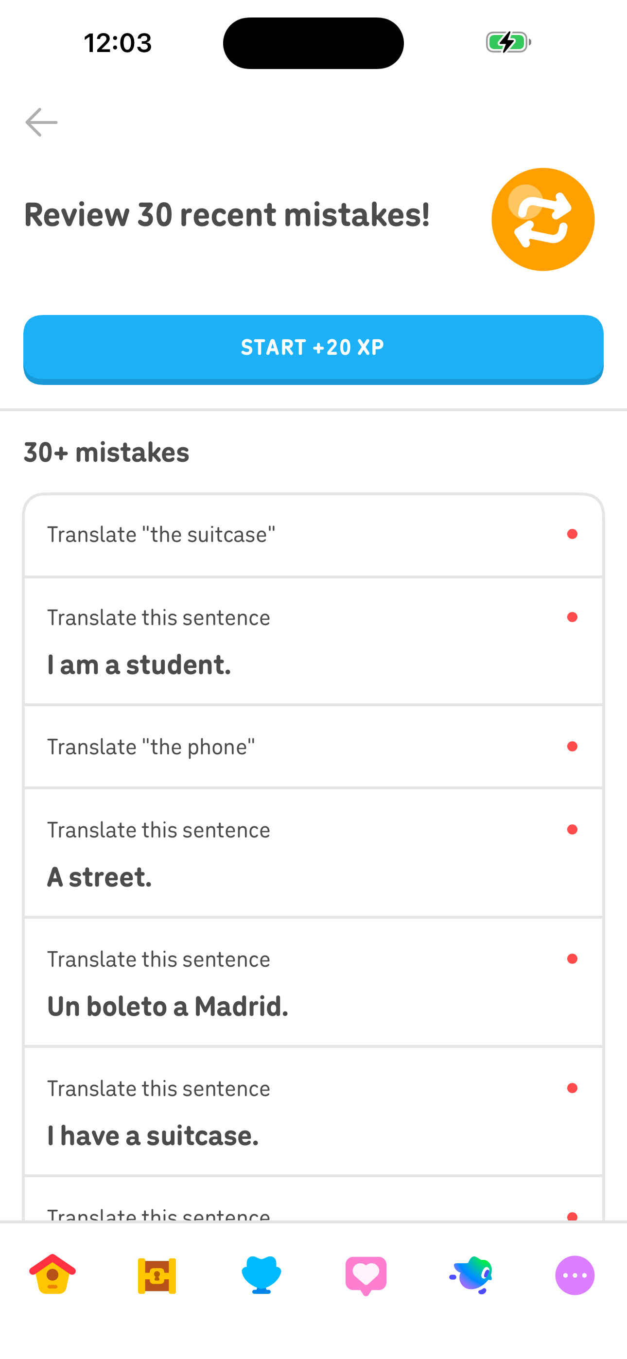 Duolingo Practice — Mistakes review (30+ items) screen in Drill past mistakes flow