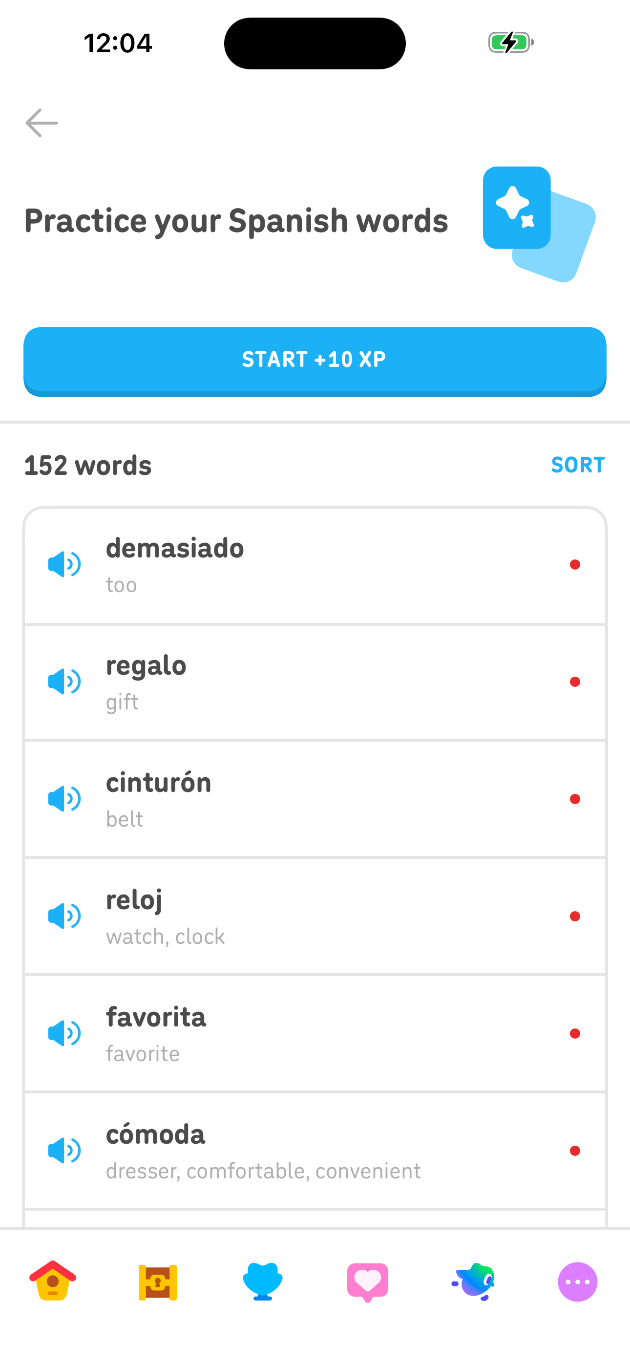 Duolingo Practice — Words vocabulary list (152) screen in Review vocabulary word list flow