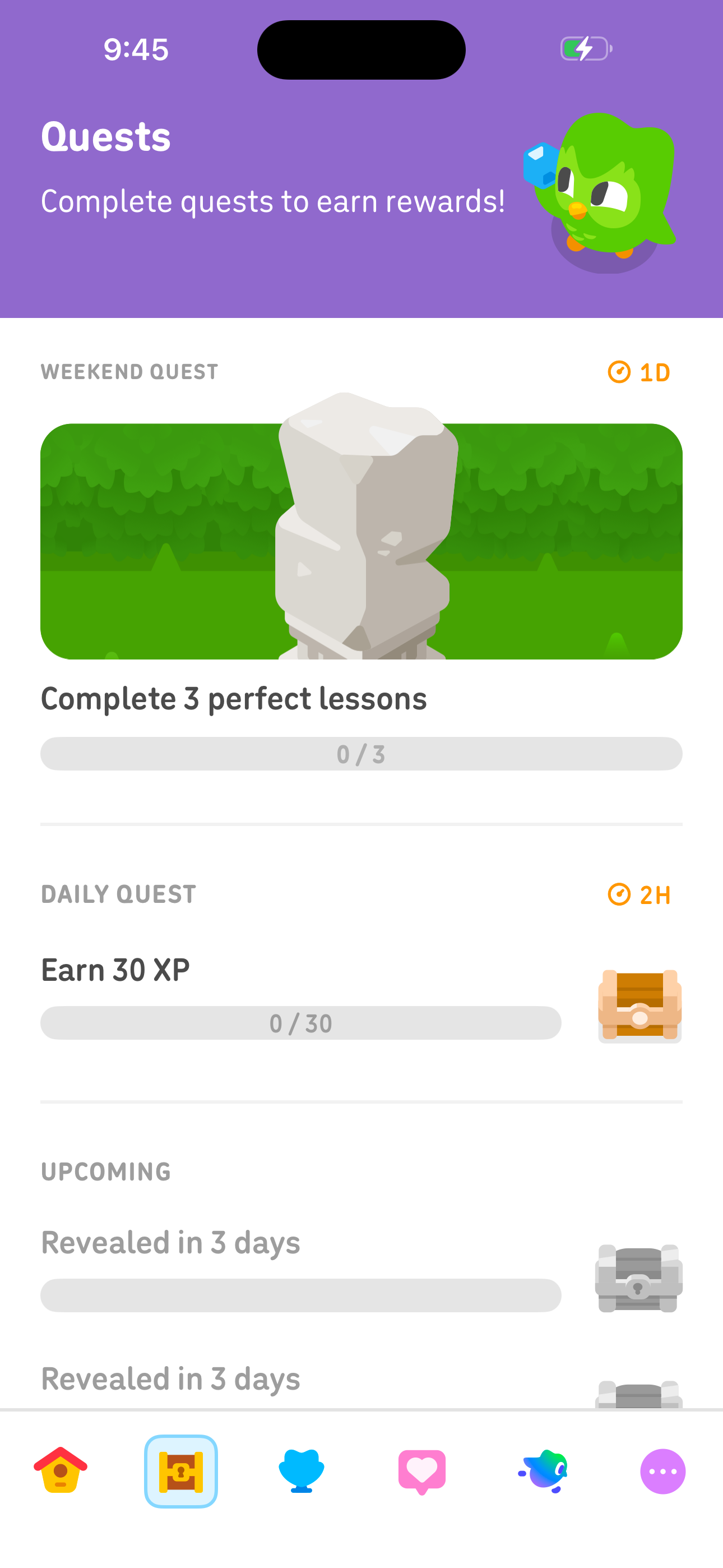 Quests tab — Complete quests to earn rewards