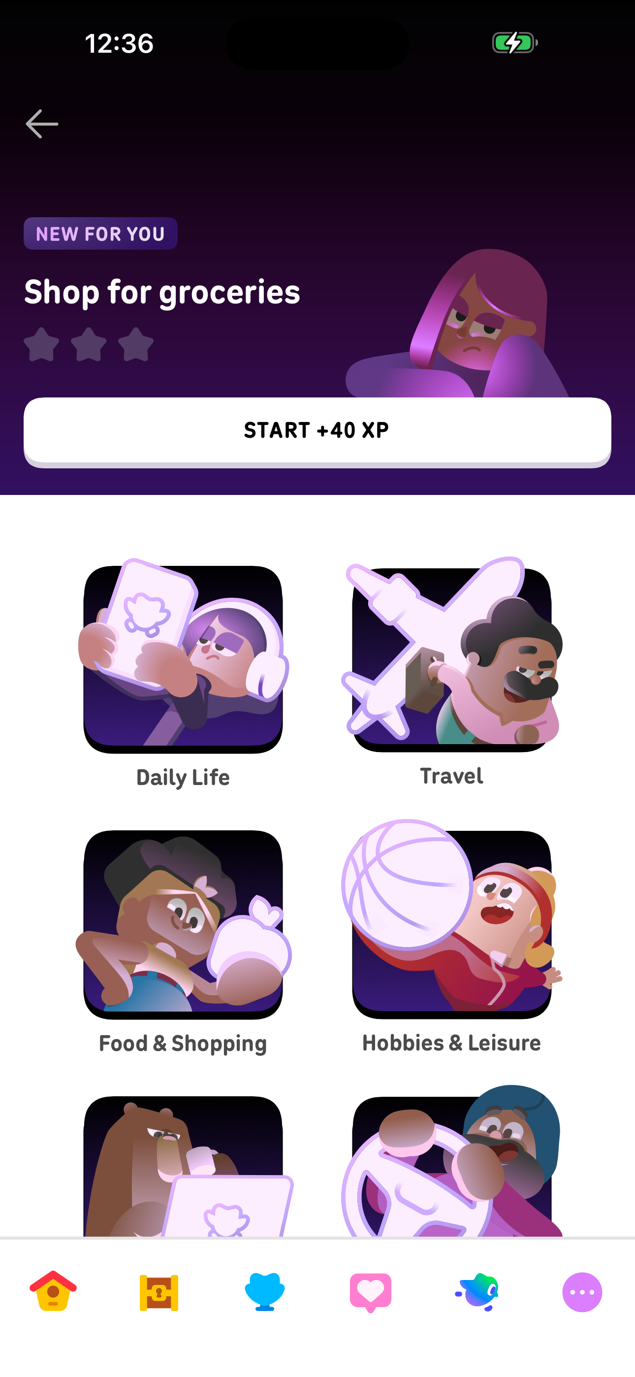 Duolingo Roleplay — Scenario picker (Shop for groceries) screen in the Explore Roleplay scenarios (Max gate) flow