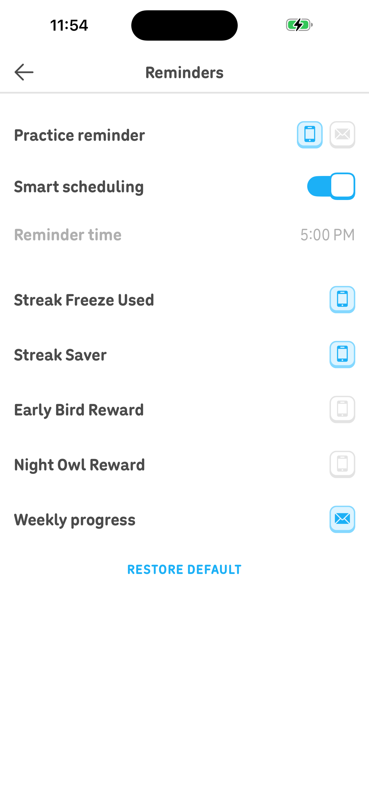 Settings — Reminders notification detail
