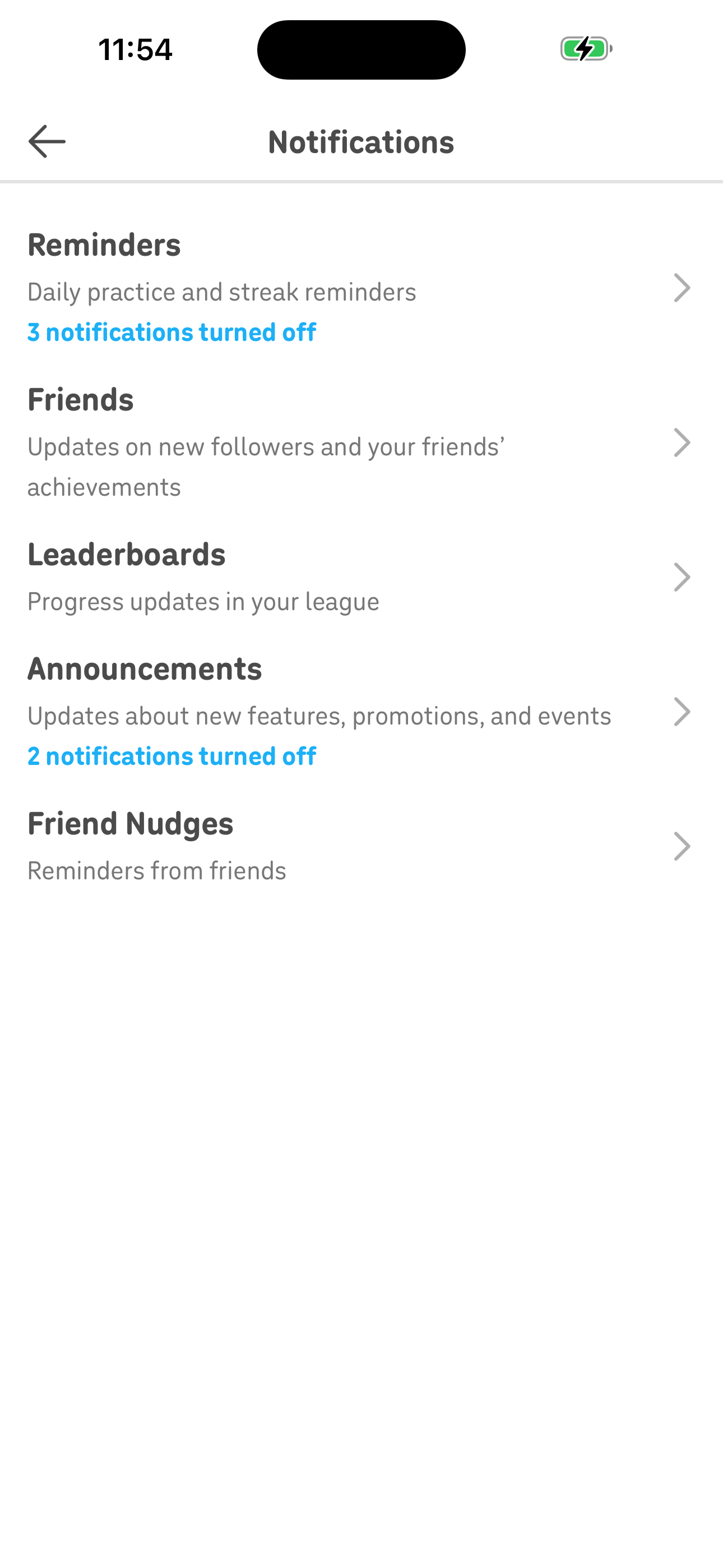 Settings — Notifications categories