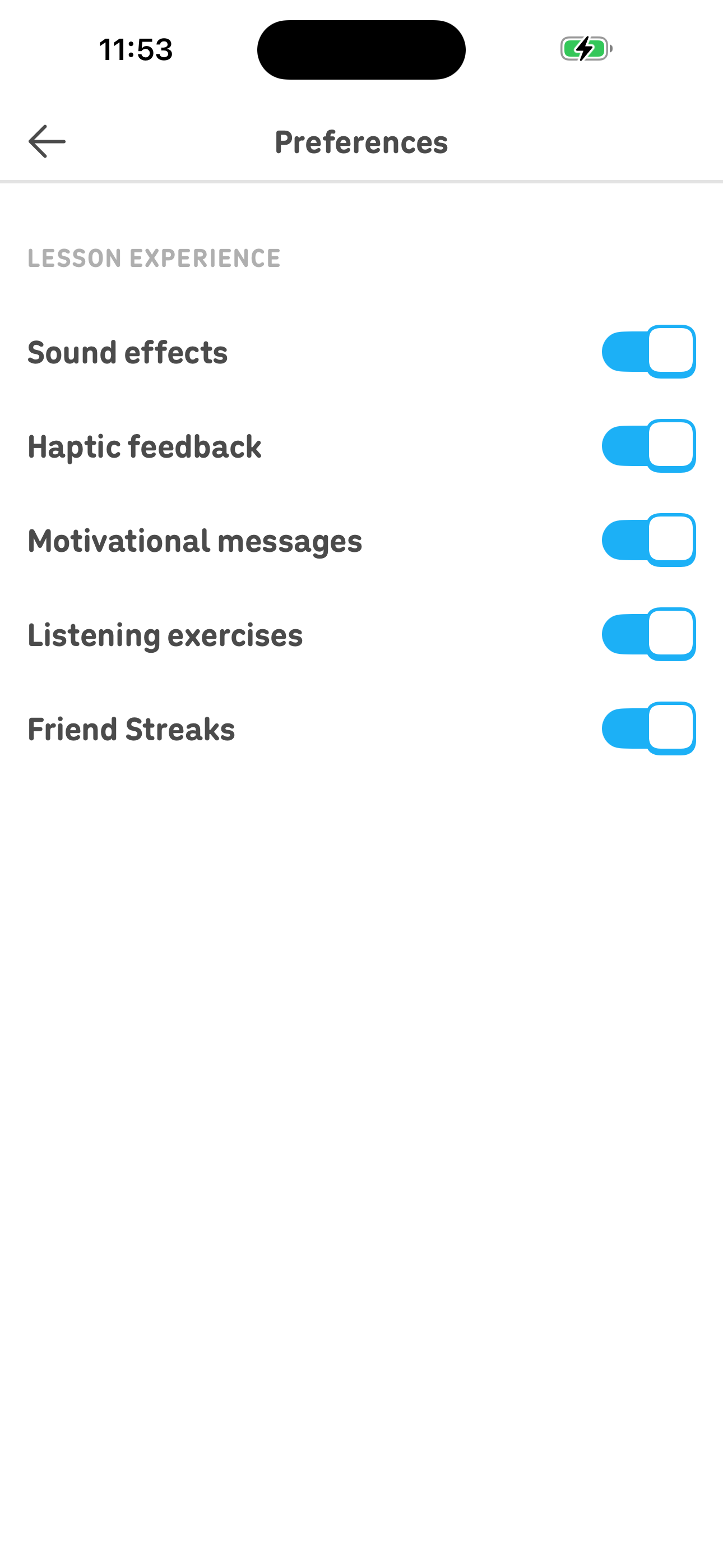 Settings — Preferences (lesson toggles)