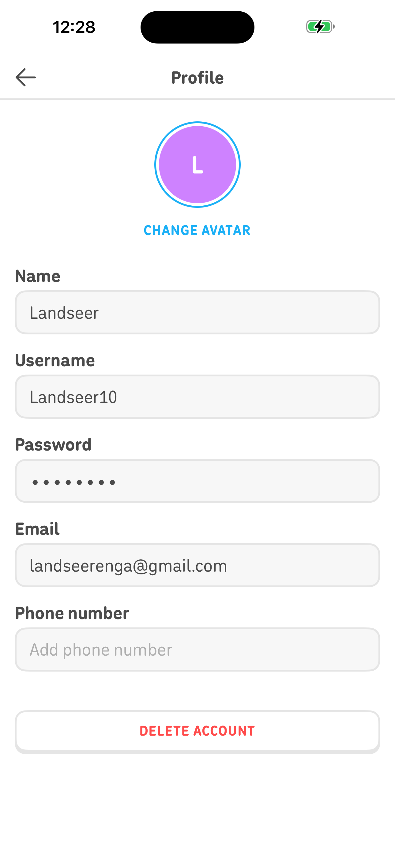 Settings — Profile (name, credentials, delete)