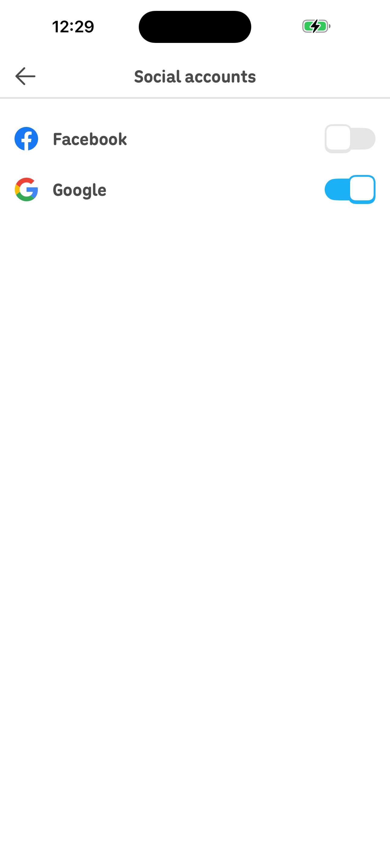 Settings — Social accounts (Facebook, Google)