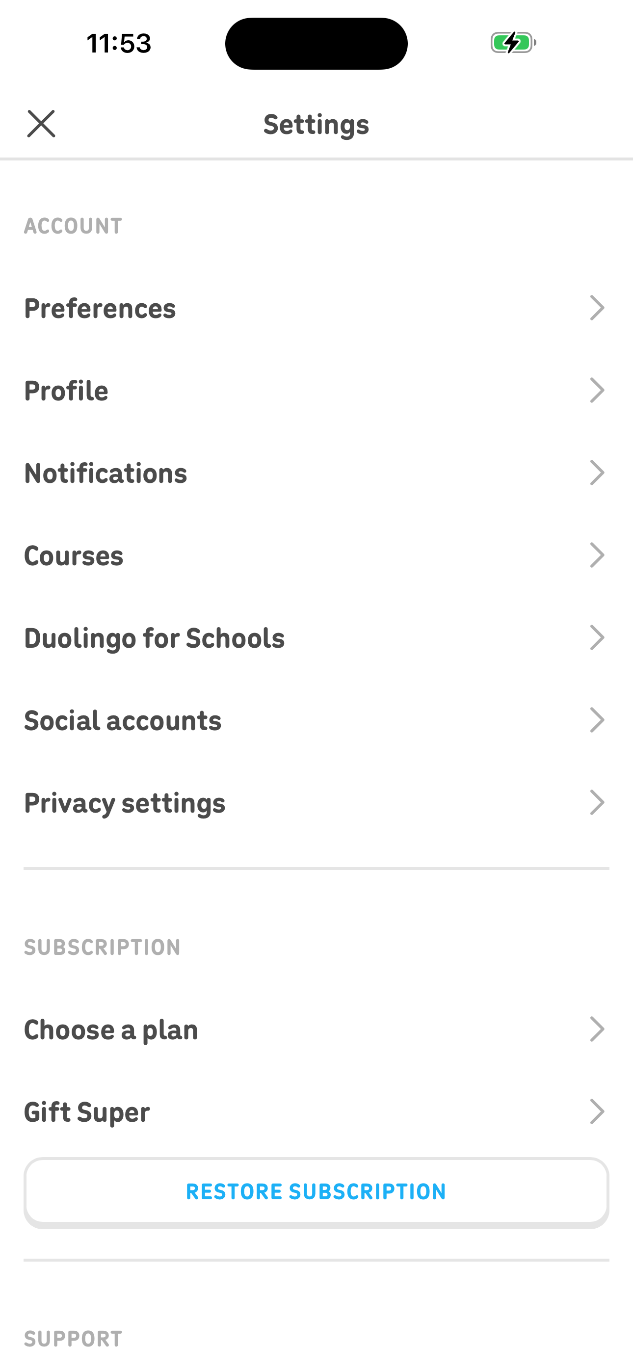 Settings — Account, Subscription, Support
