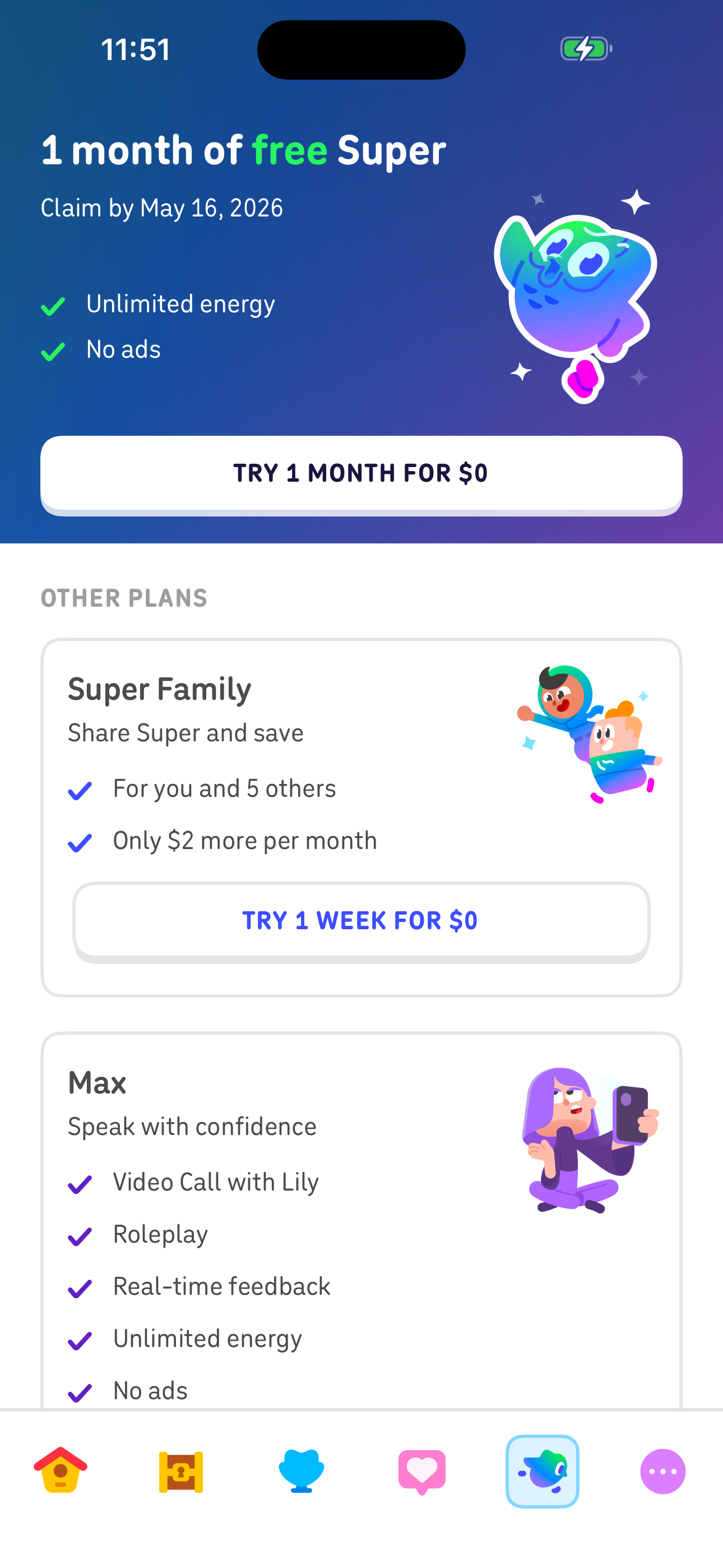 Super Duolingo — 1 month free subscription upsell