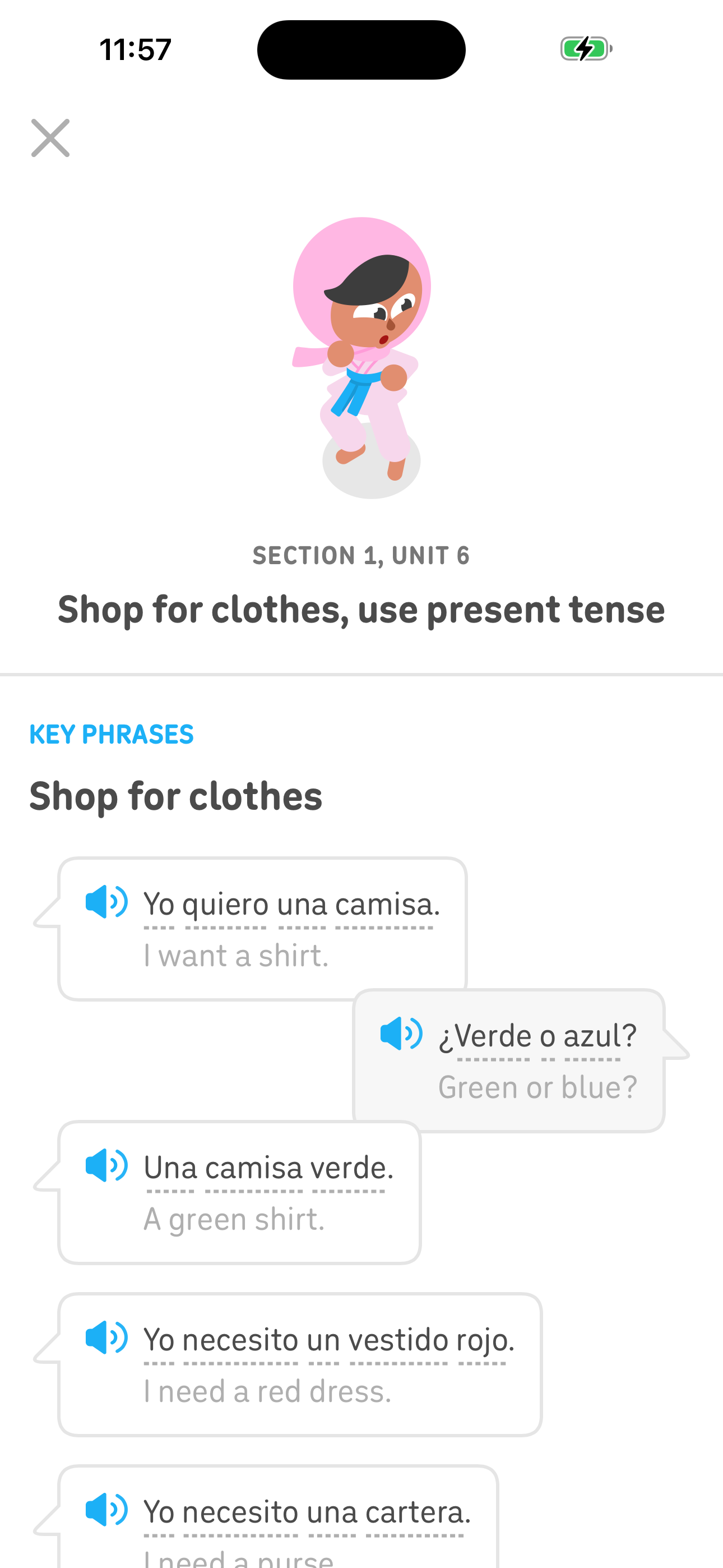 Duolingo Unit Notes — Key phrases for the unit screen in Open unit notes / key phrases flow