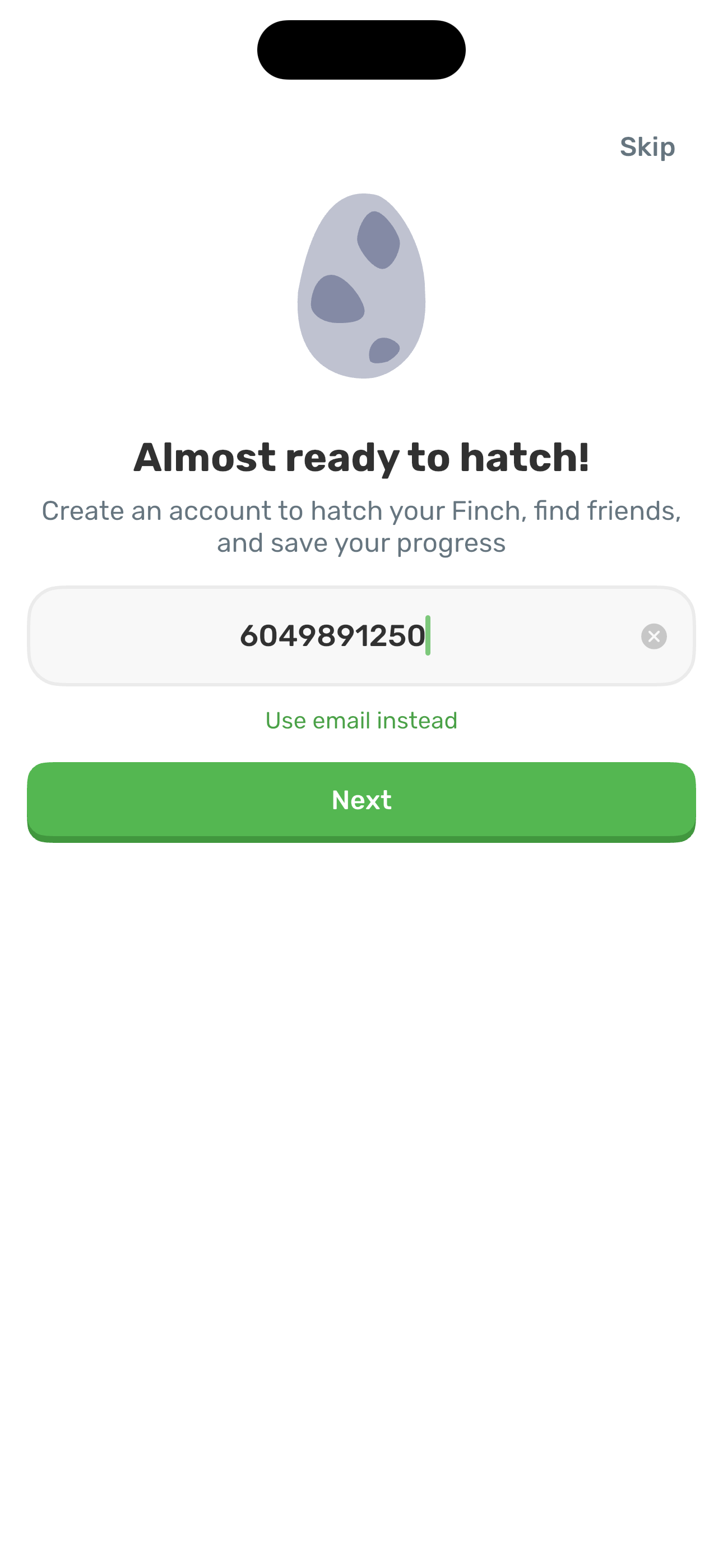 Almost ready to hatch — phone filled (Next enabled)