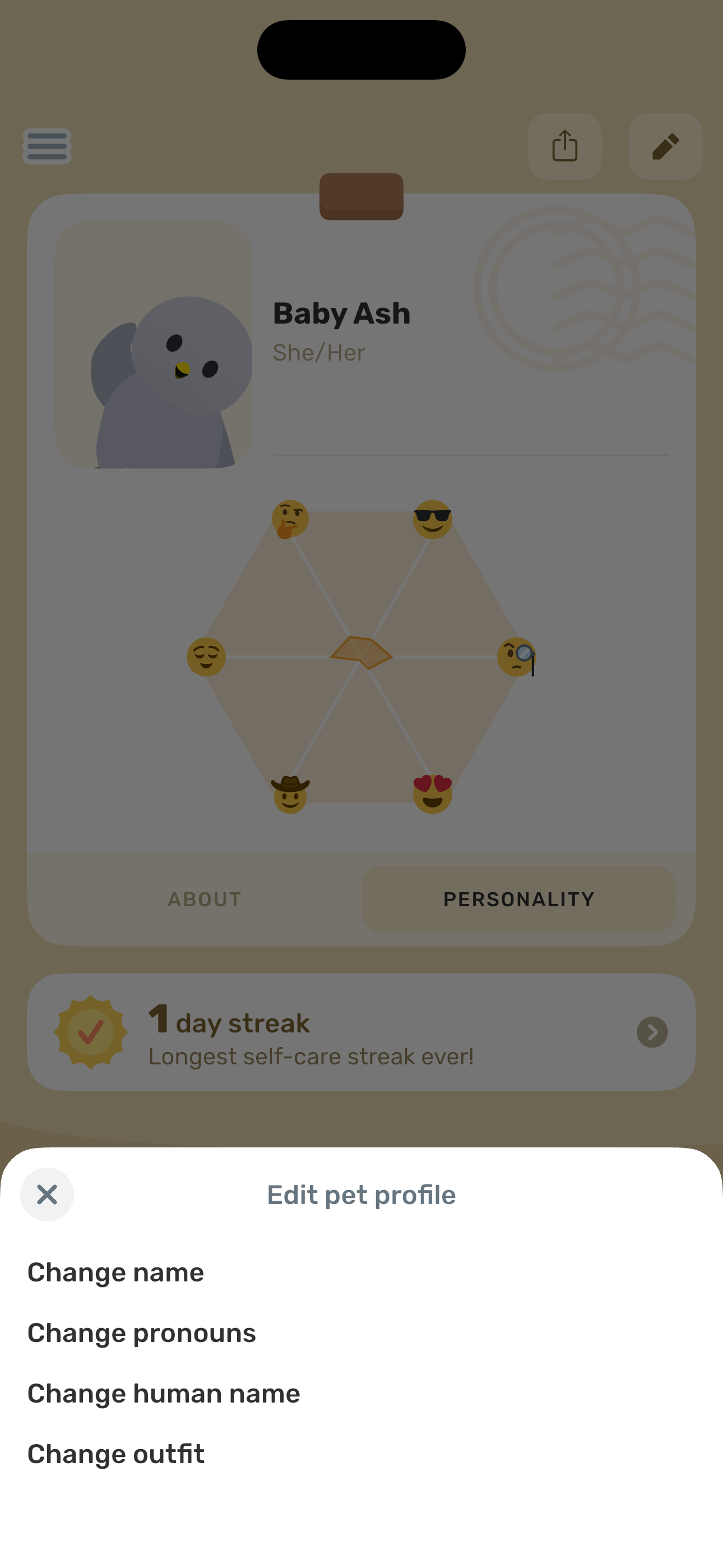 Ash — edit profile menu sheet