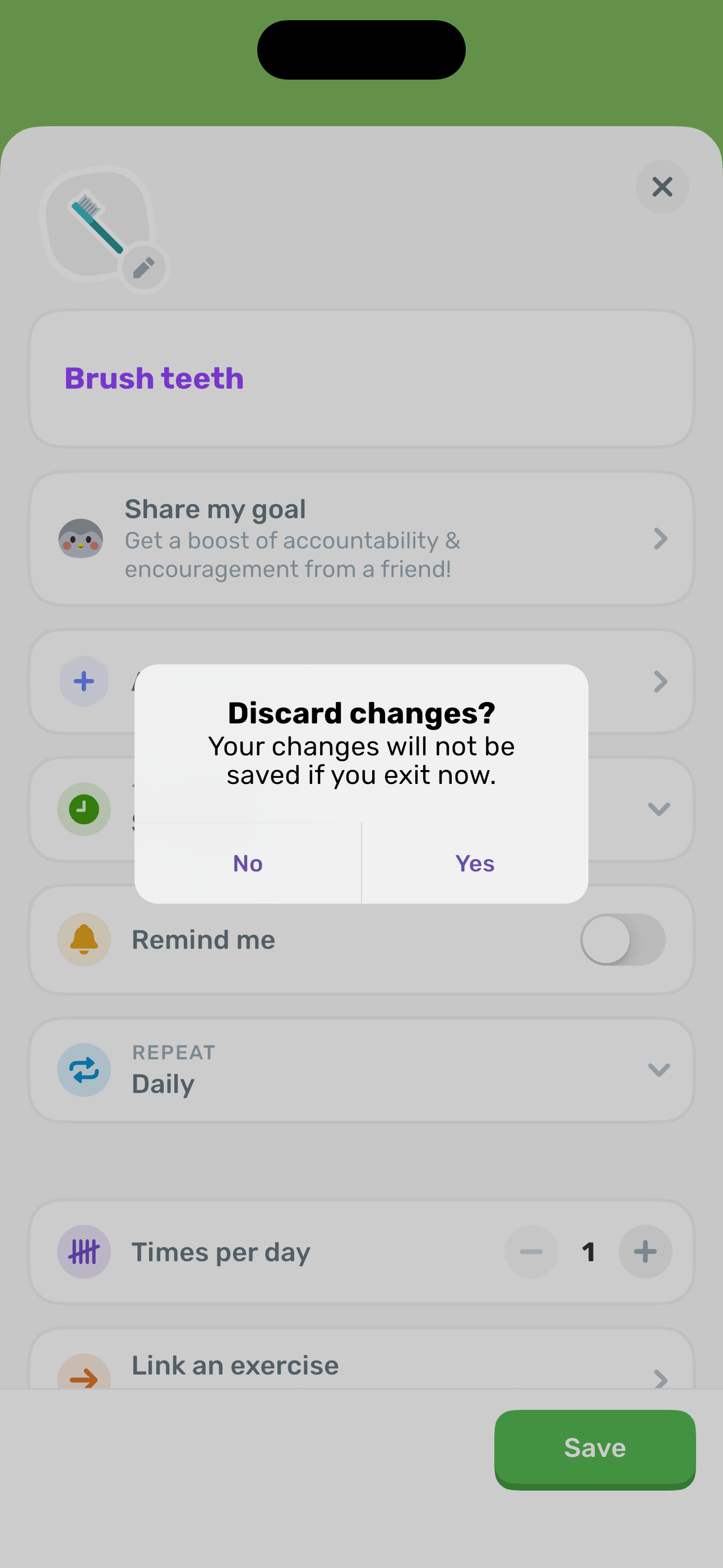 Goal edit — Discard changes dialog
