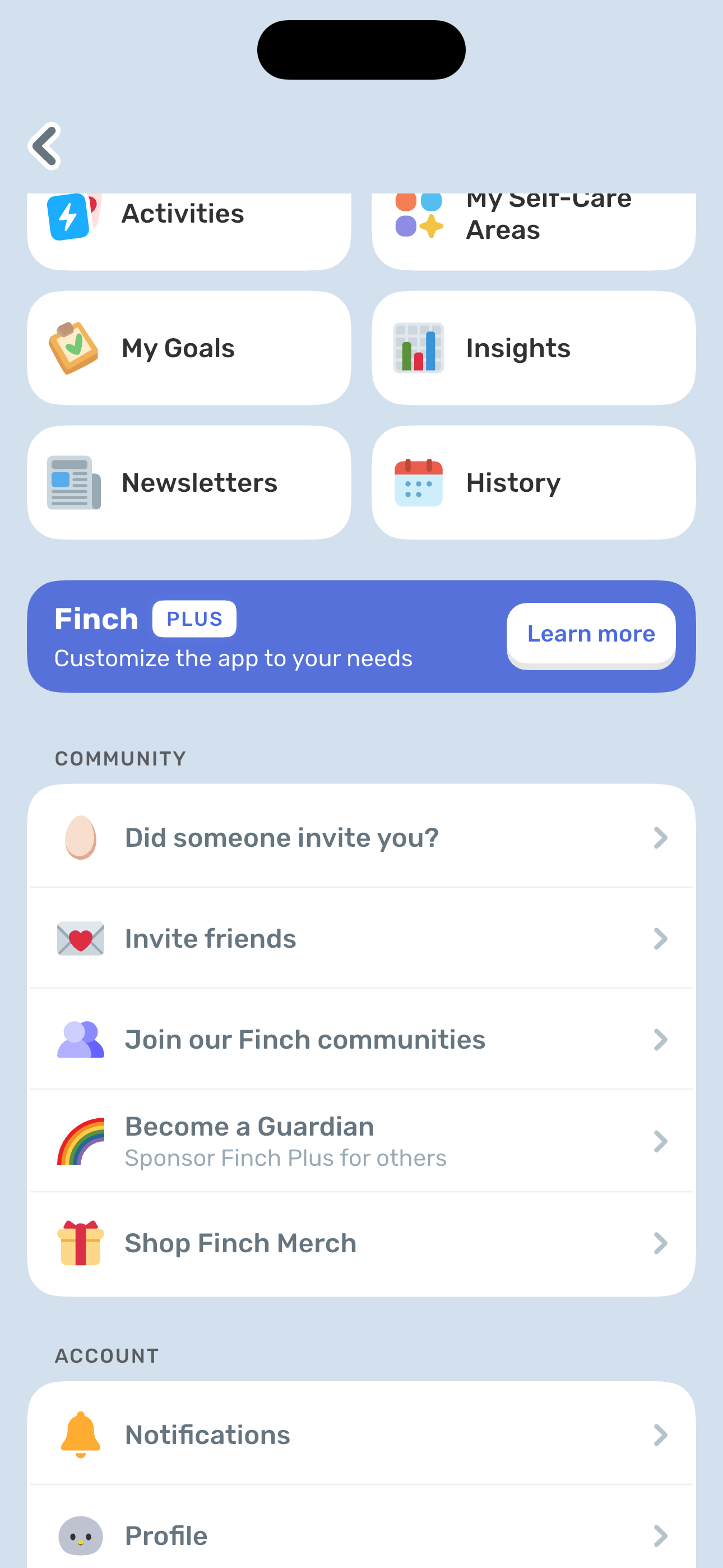 Hamburger drawer — middle (Community + Account)