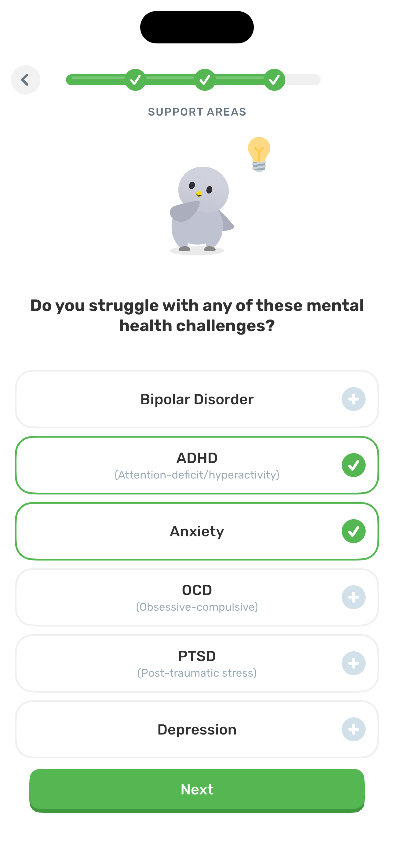 Support Areas — mental health filled (Next enabled)