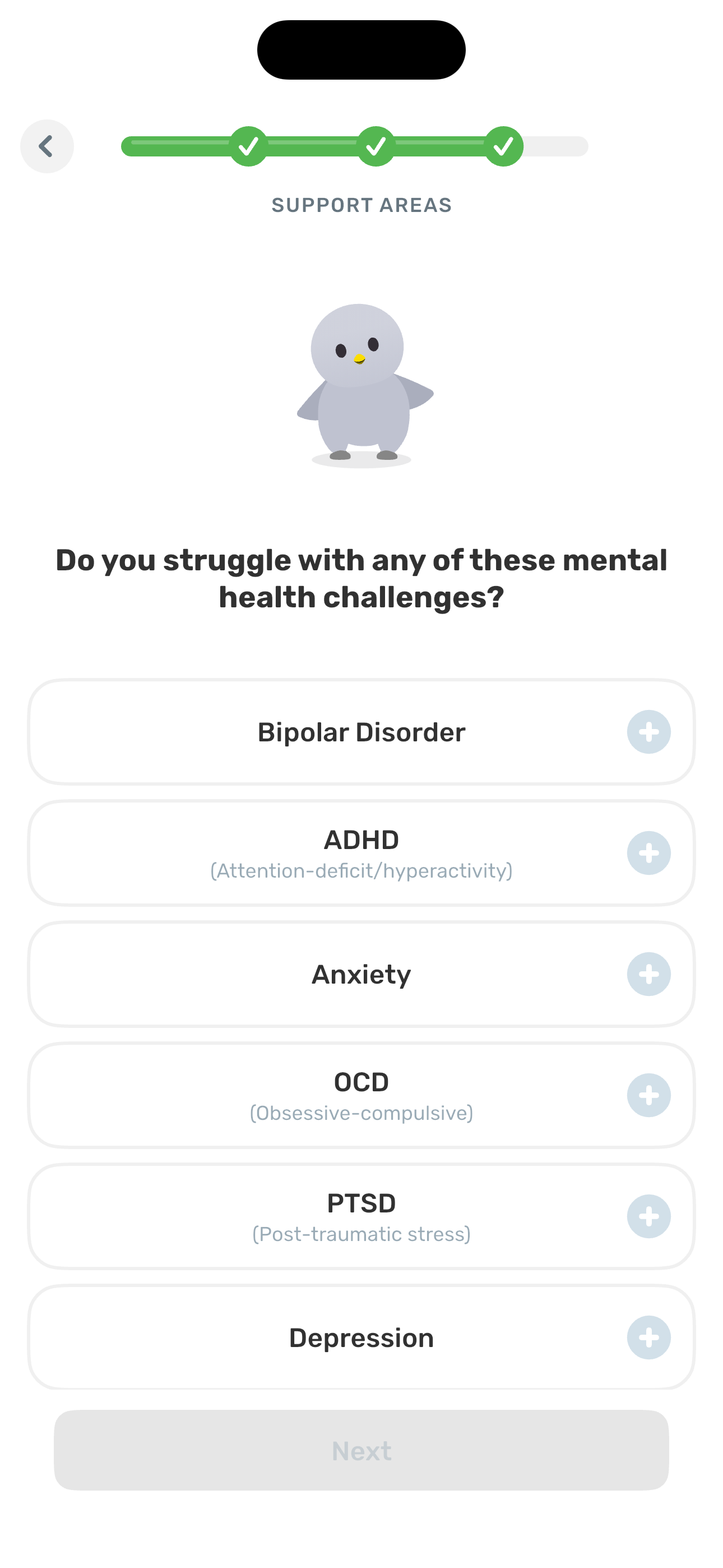 Support Areas — mental health multiselect