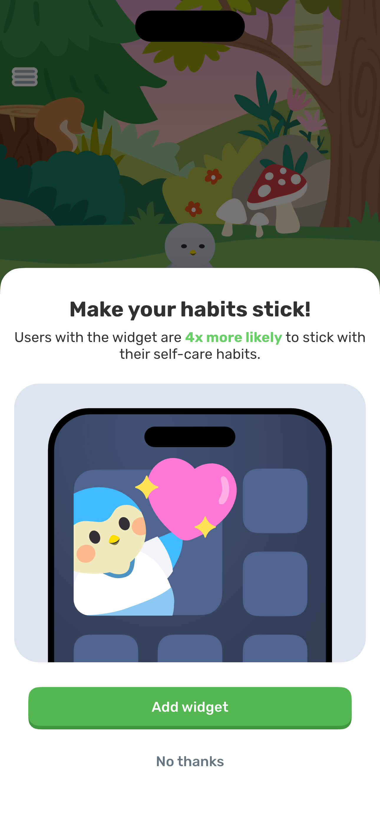 Widget install prompt (bottom sheet)