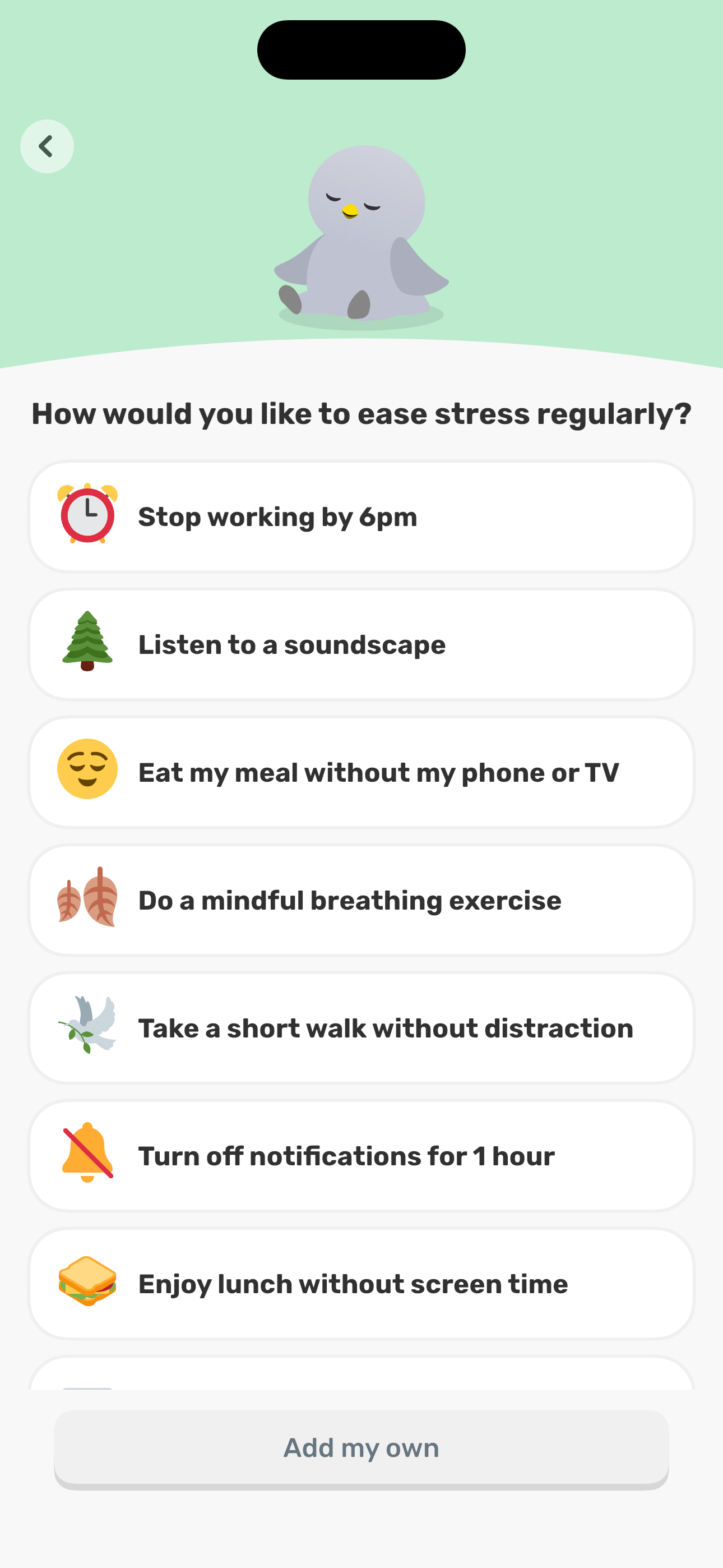 Calm area — goal suggestion list